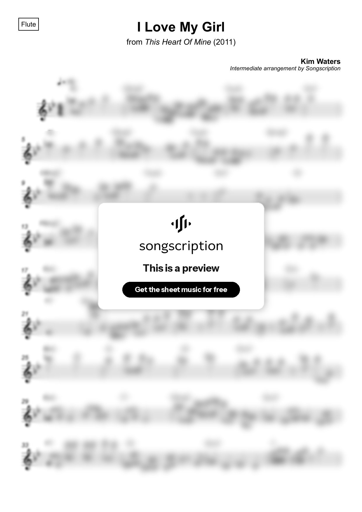 Intermediate Flute Sheet Music for "I Love My Girl" by Kim Waters