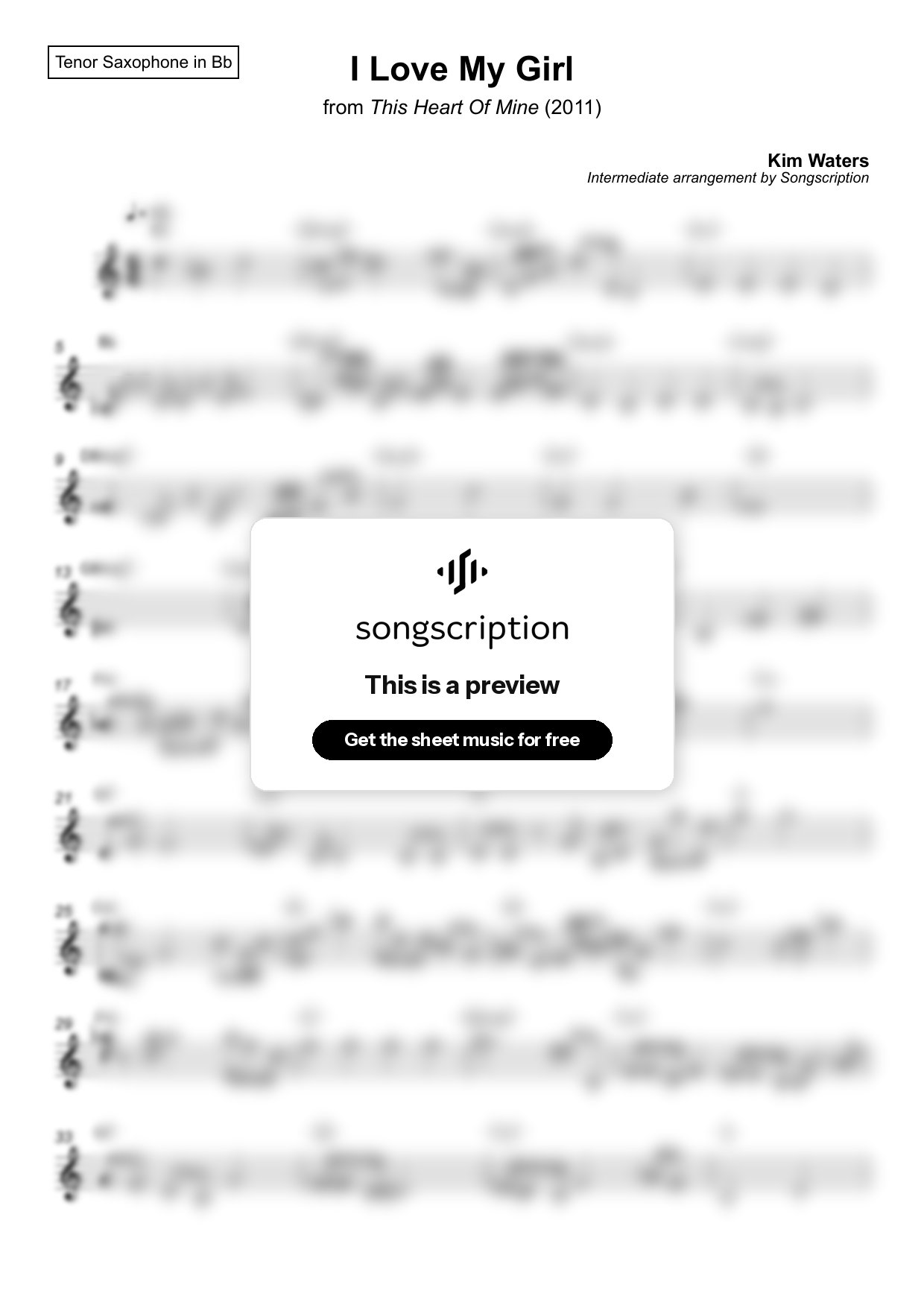 Intermediate Tenor Sax Sheet Music for "I Love My Girl" by Kim Waters