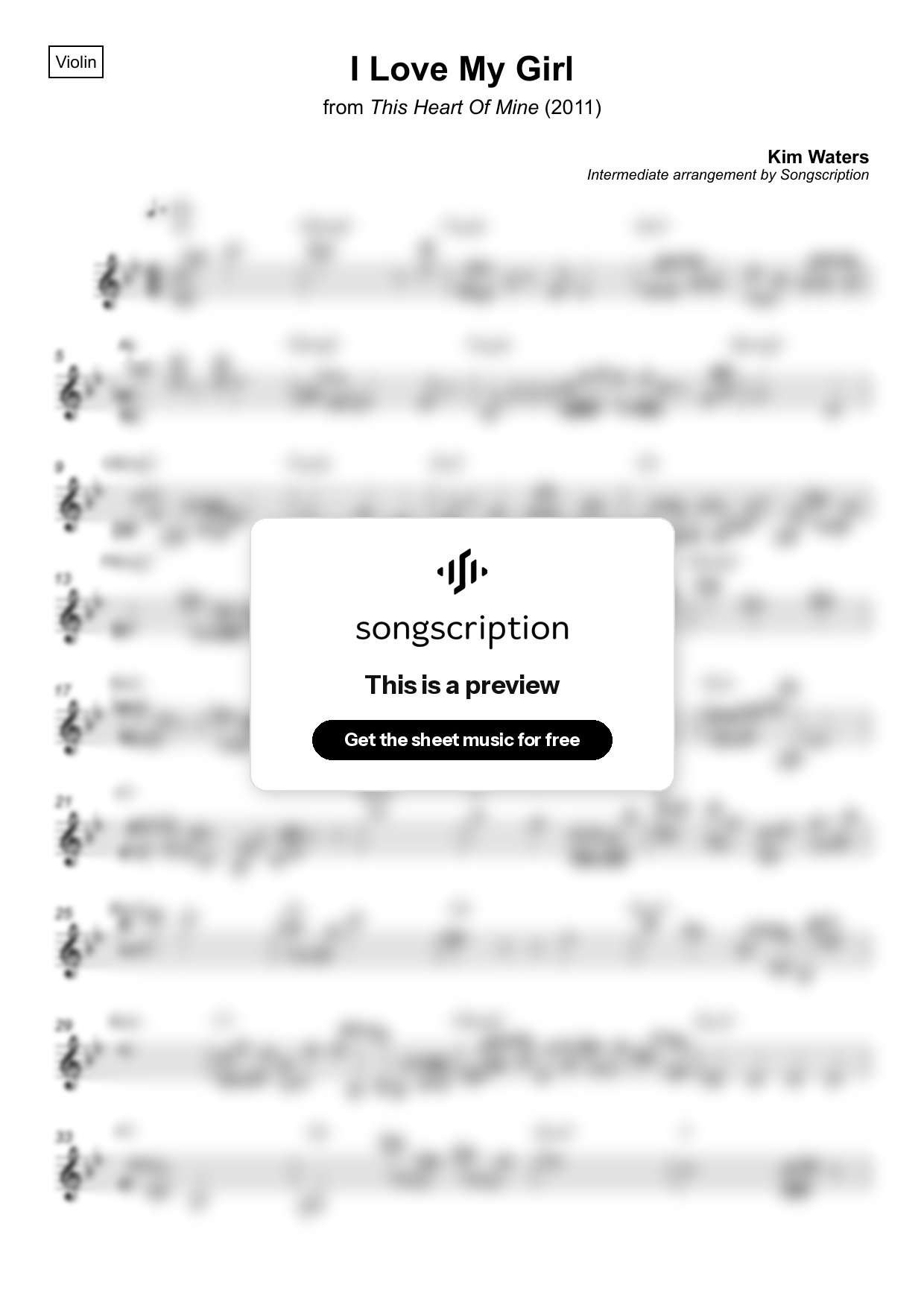Intermediate Violin Sheet Music for "I Love My Girl" by Kim Waters