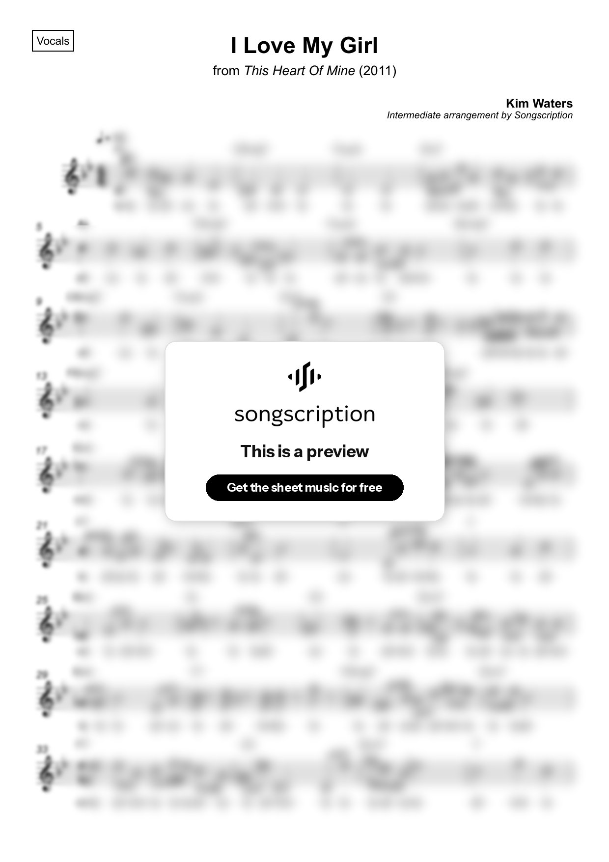 Intermediate Vocals Sheet Music for "I Love My Girl" by Kim Waters