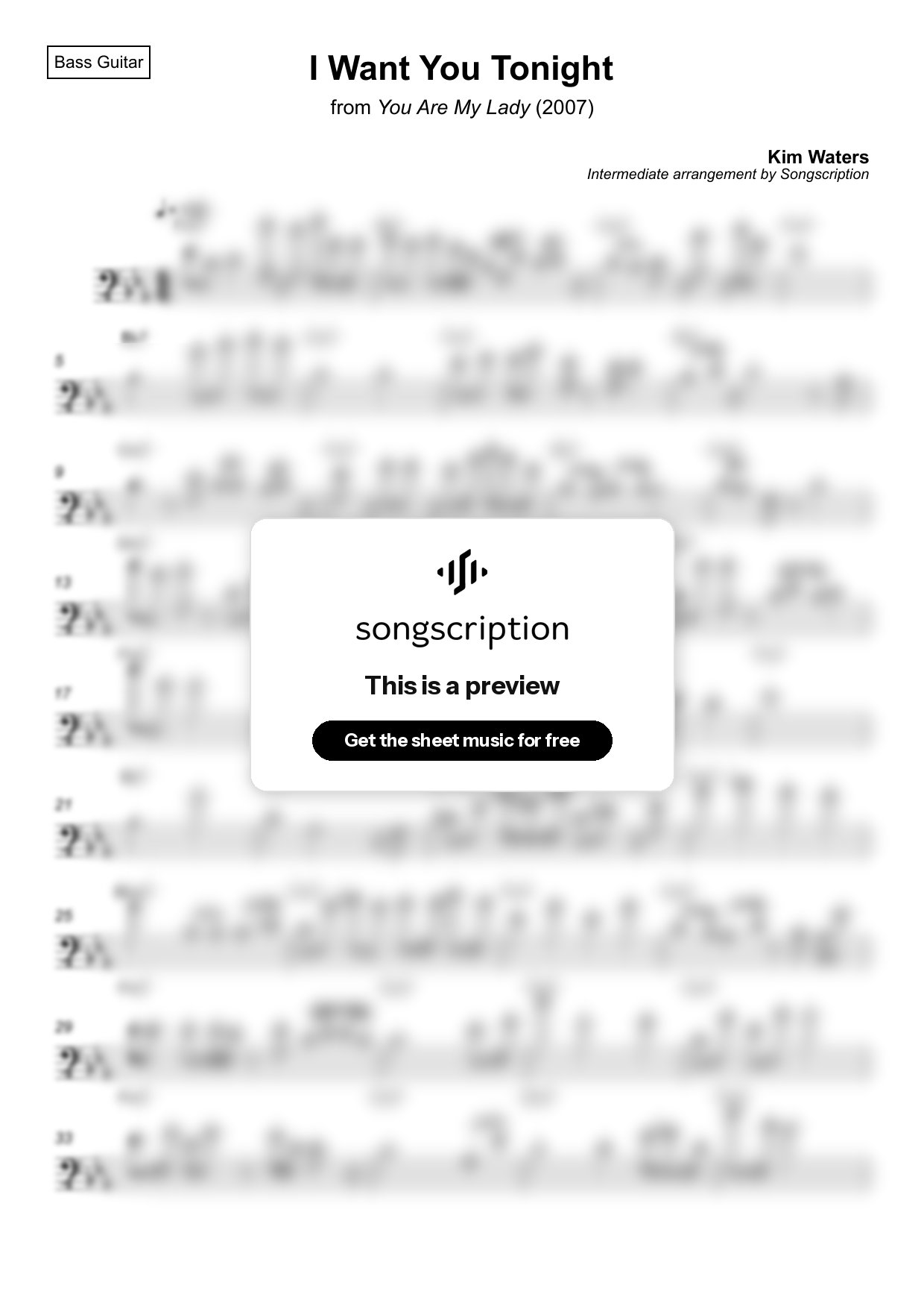 Intermediate Bass Guitar Sheet Music for "I Want You Tonight" by Kim Waters
