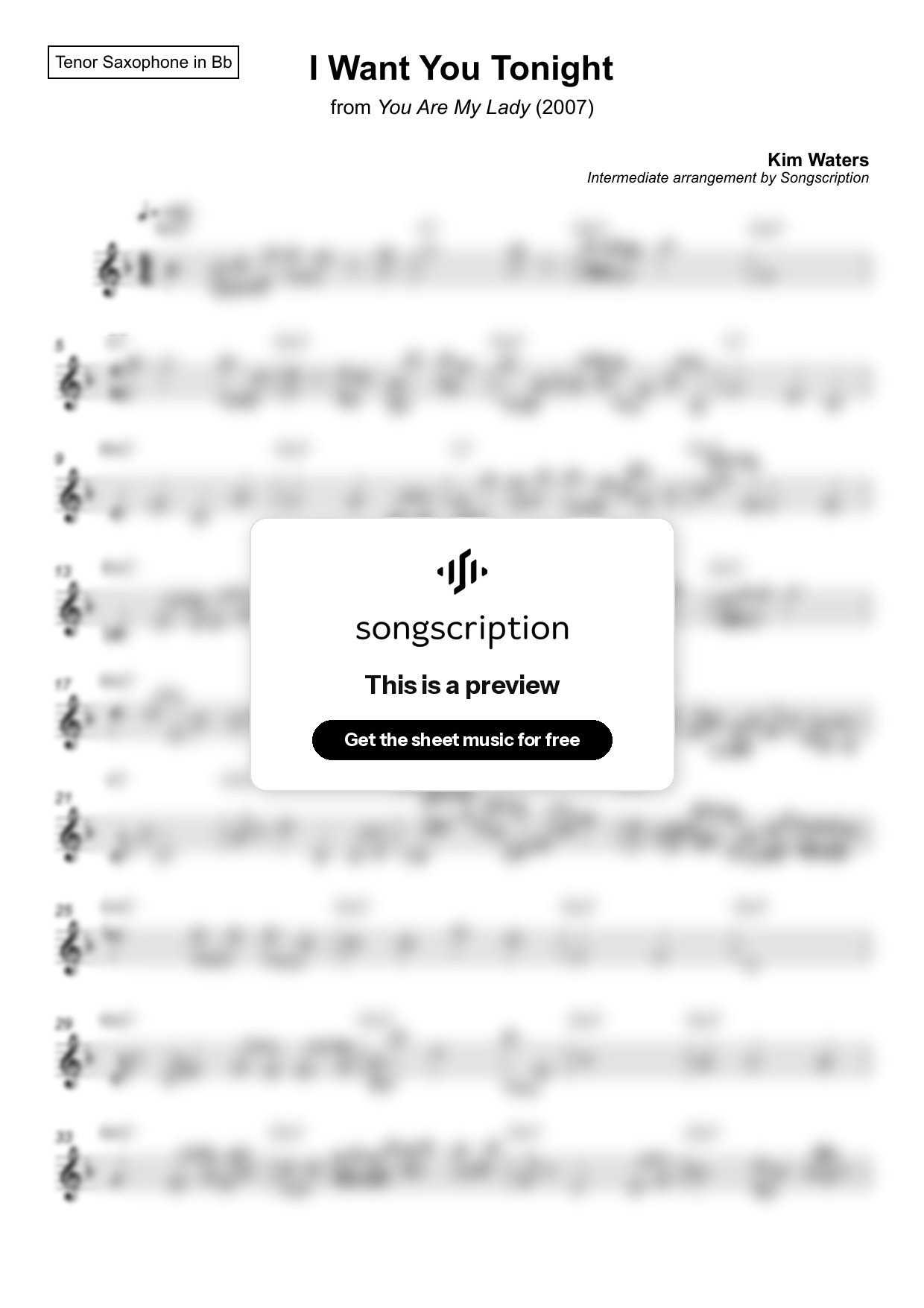 Intermediate Tenor Sax Sheet Music for "I Want You Tonight" by Kim Waters