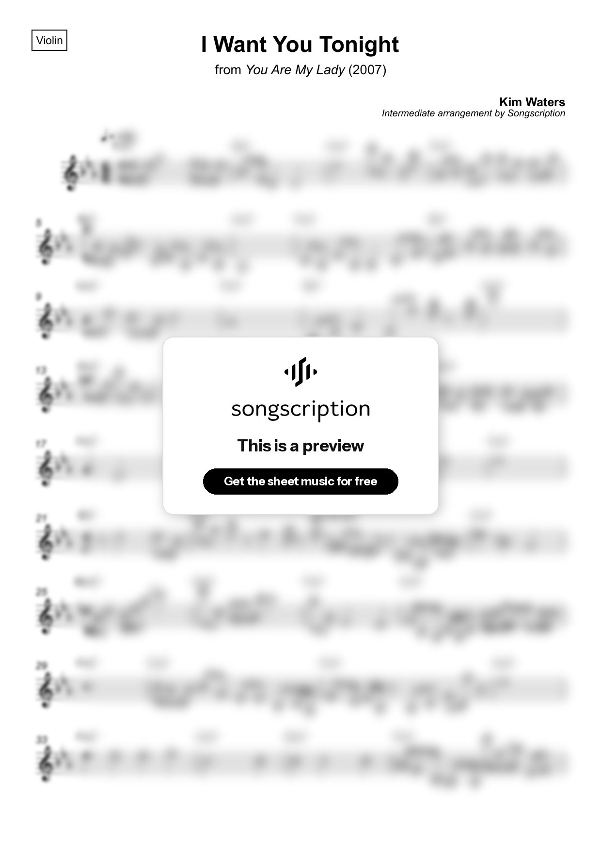 Intermediate Violin Sheet Music for "I Want You Tonight" by Kim Waters