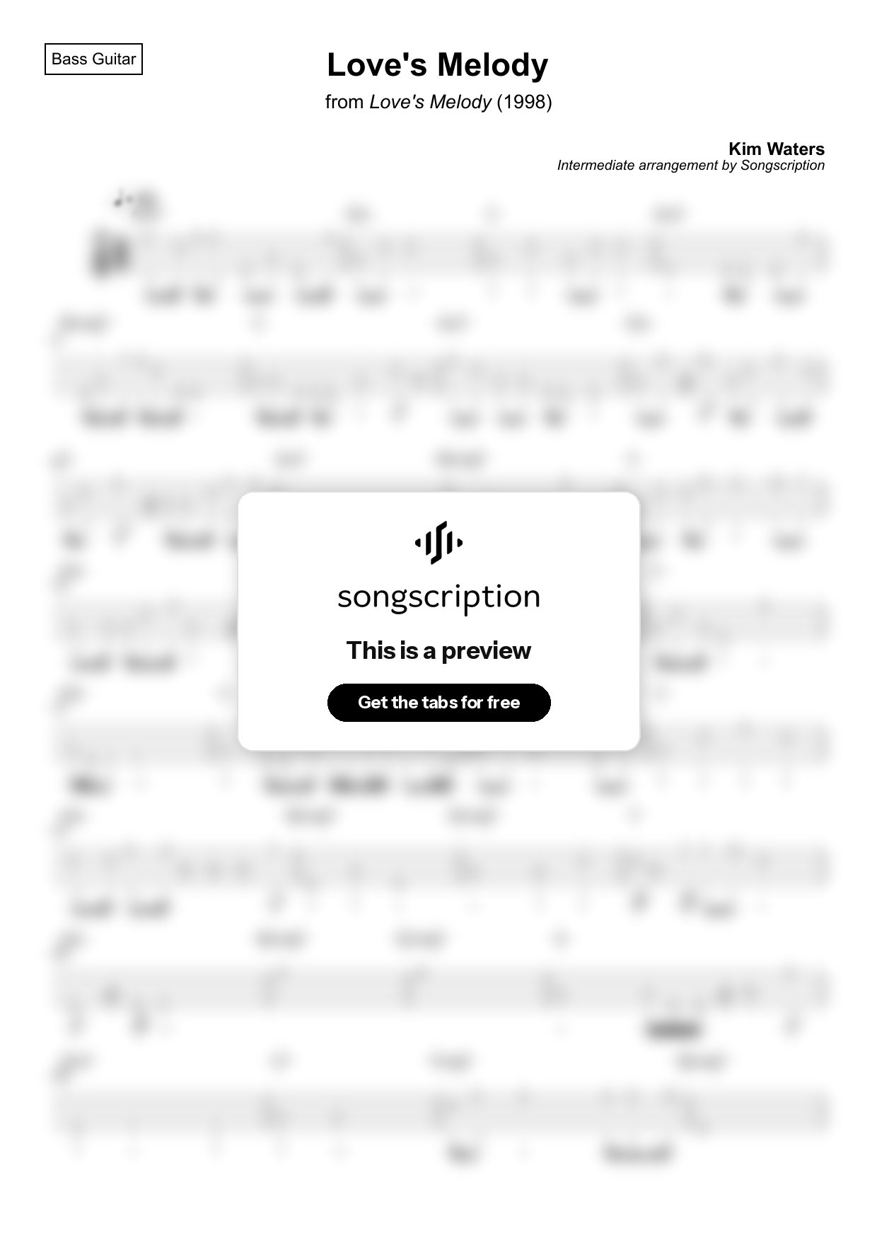 Intermediate Bass Guitar Tabs for "Love's Melody" by Kim Waters