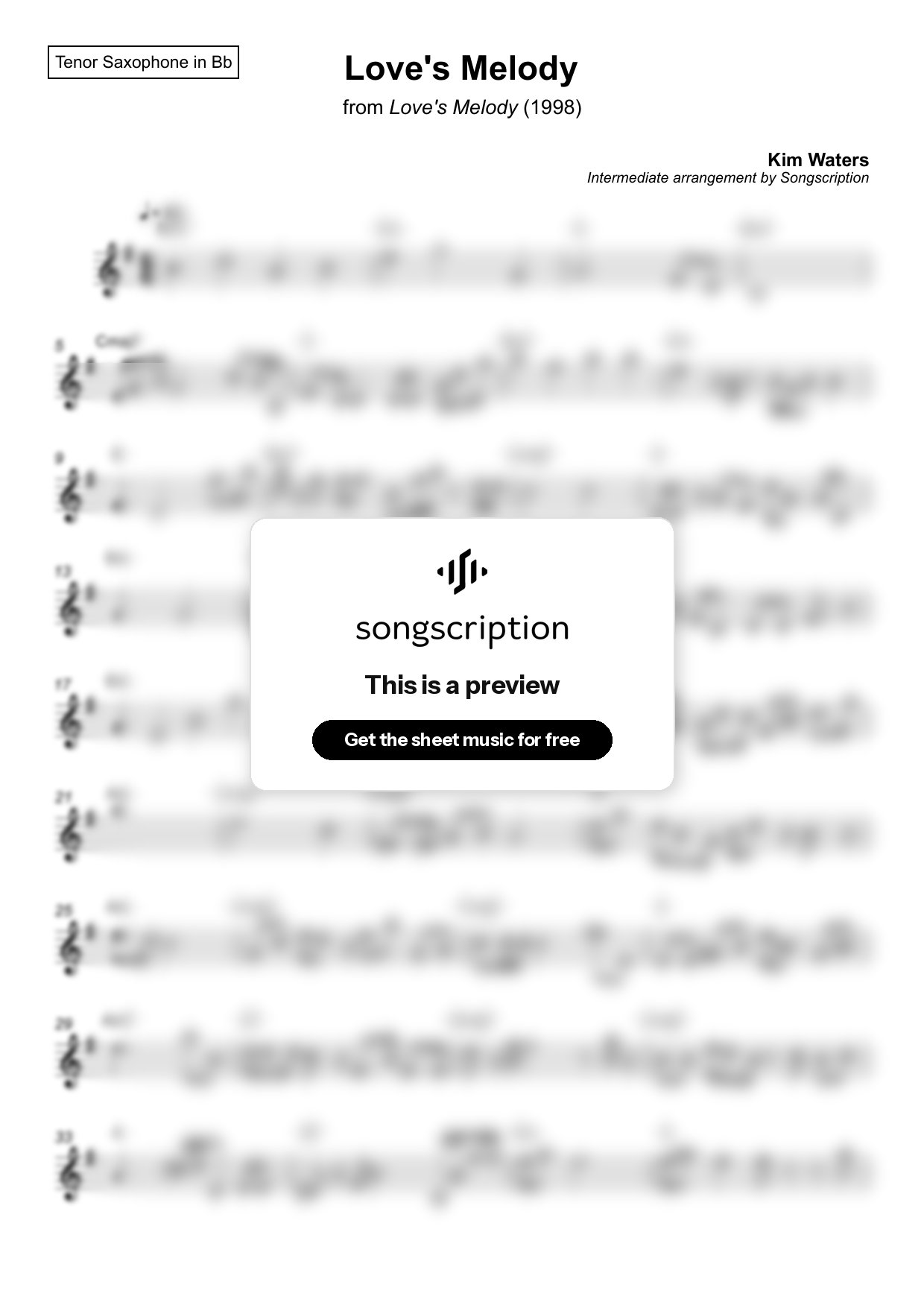 Intermediate Tenor Sax Sheet Music for "Love's Melody" by Kim Waters