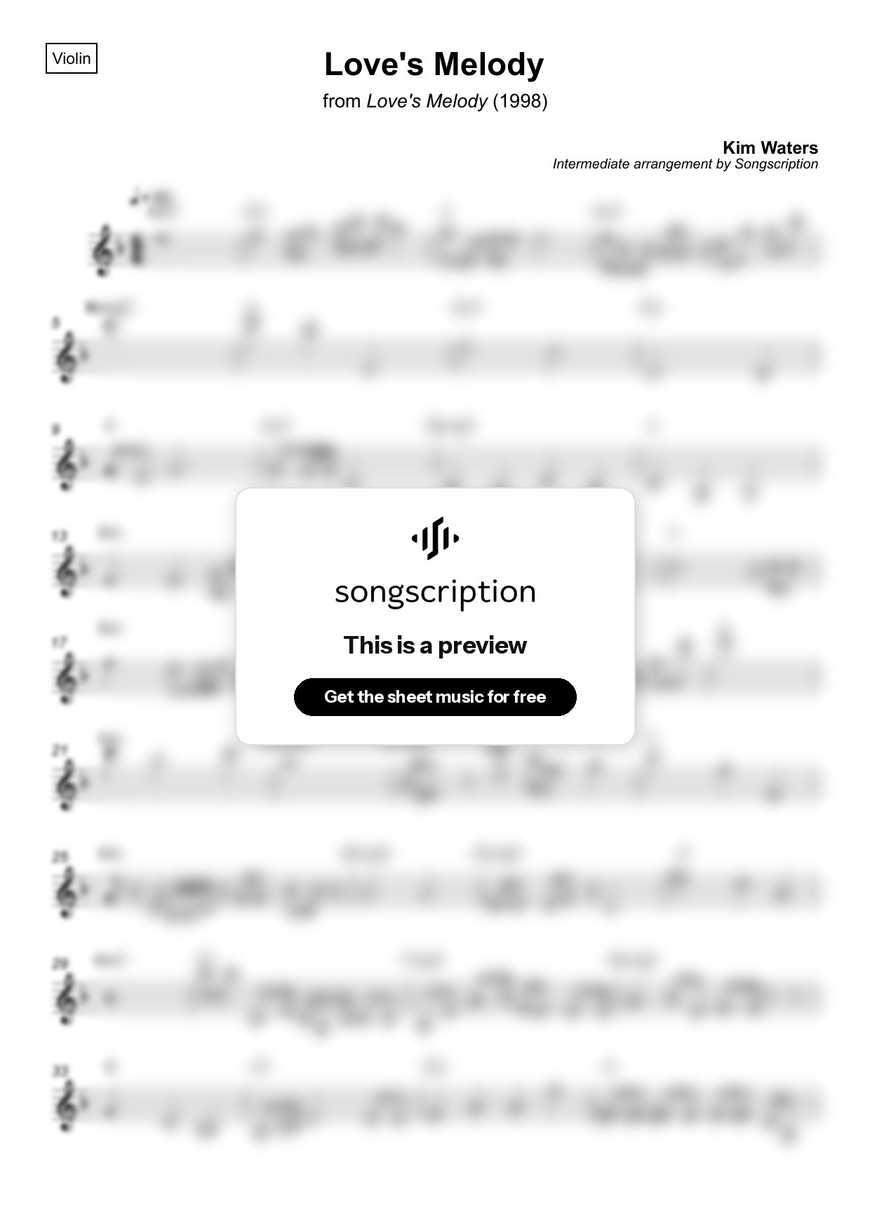 Intermediate Violin Sheet Music for "Love's Melody" by Kim Waters