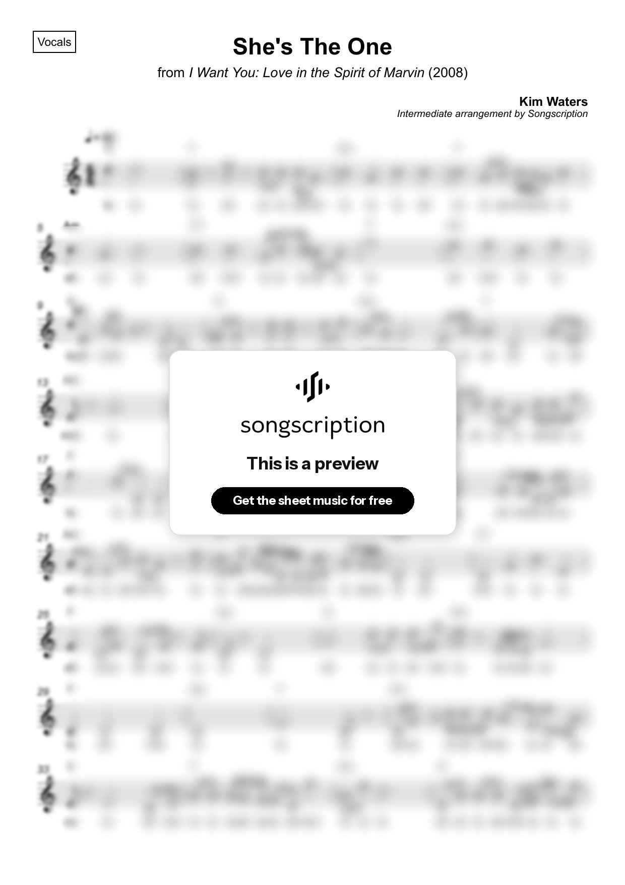 Intermediate Vocals Sheet Music for "She's The One" by Kim Waters
