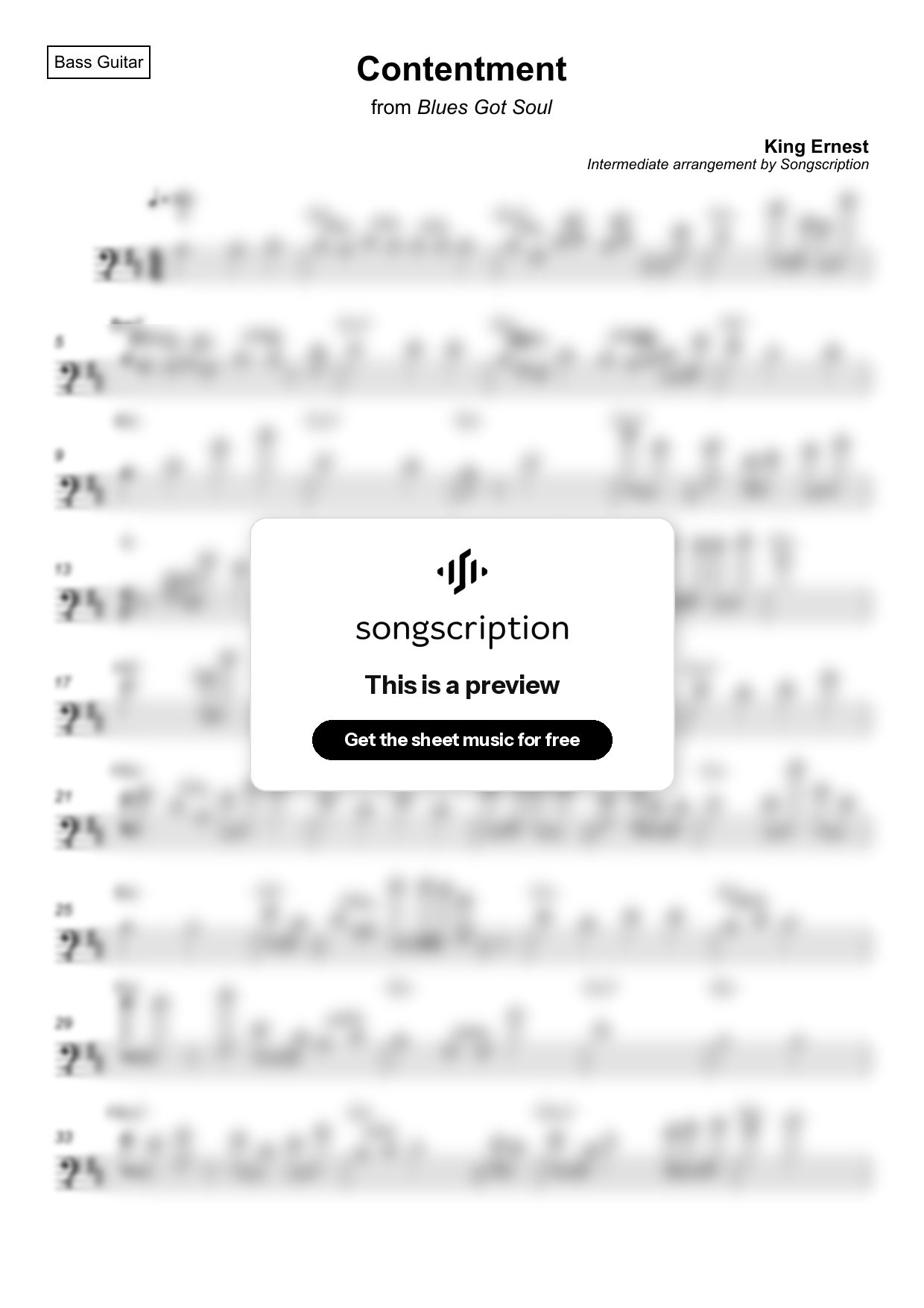 Intermediate Bass Guitar Sheet Music for "Contentment" by King Ernest