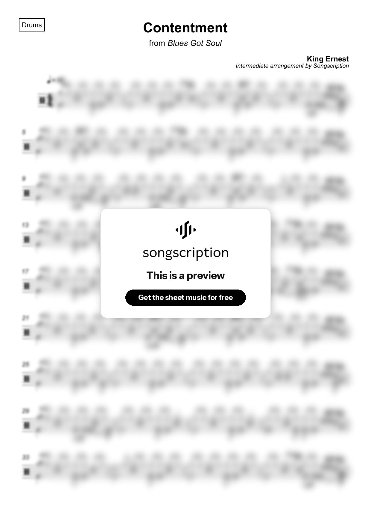 Intermediate Drums Sheet Music for "Contentment" by King Ernest