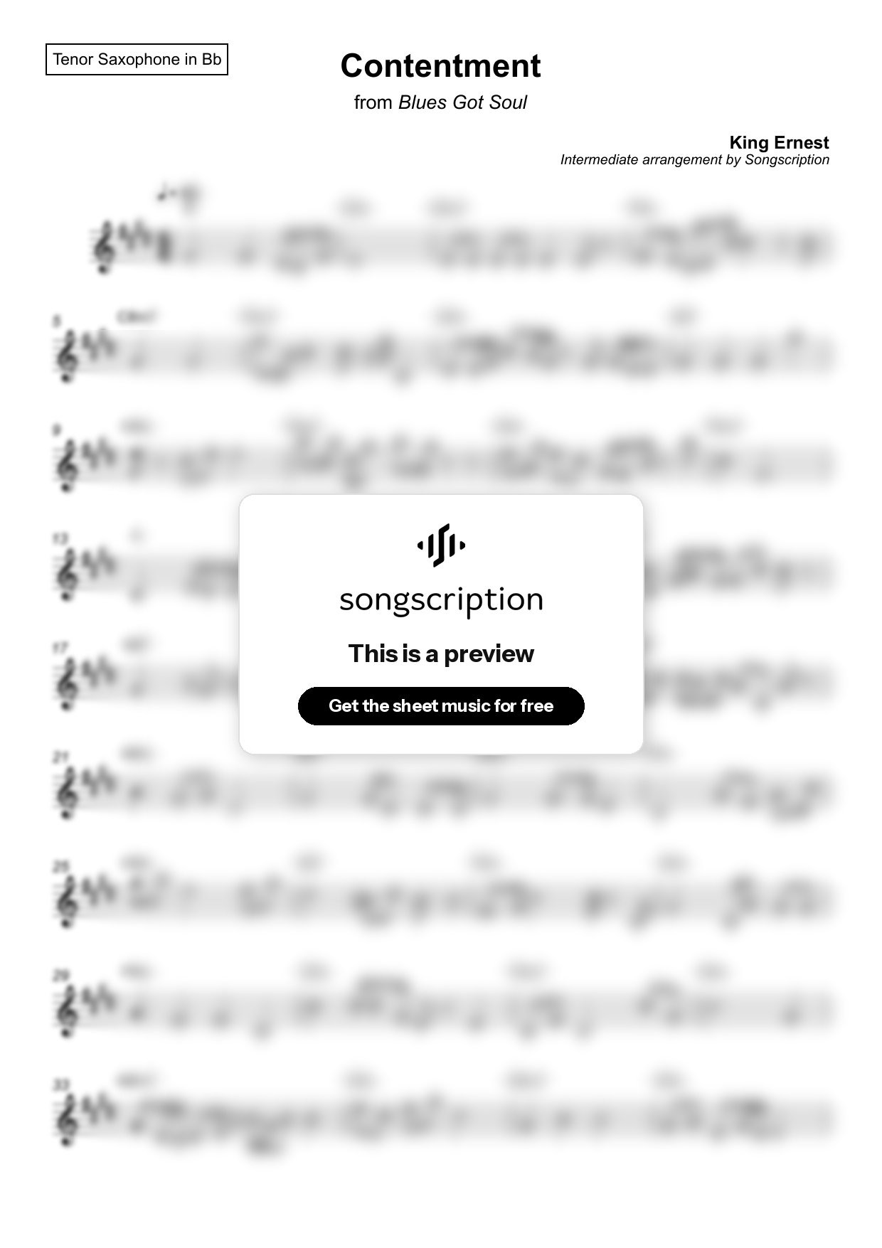 Intermediate Tenor Sax Sheet Music for "Contentment" by King Ernest