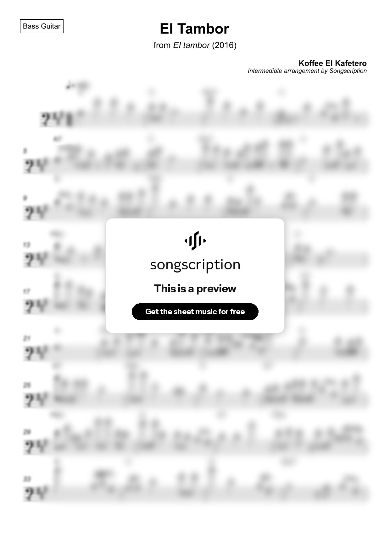 Intermediate Bass Guitar Sheet Music for "El Tambor" by Koffee El Kafetero