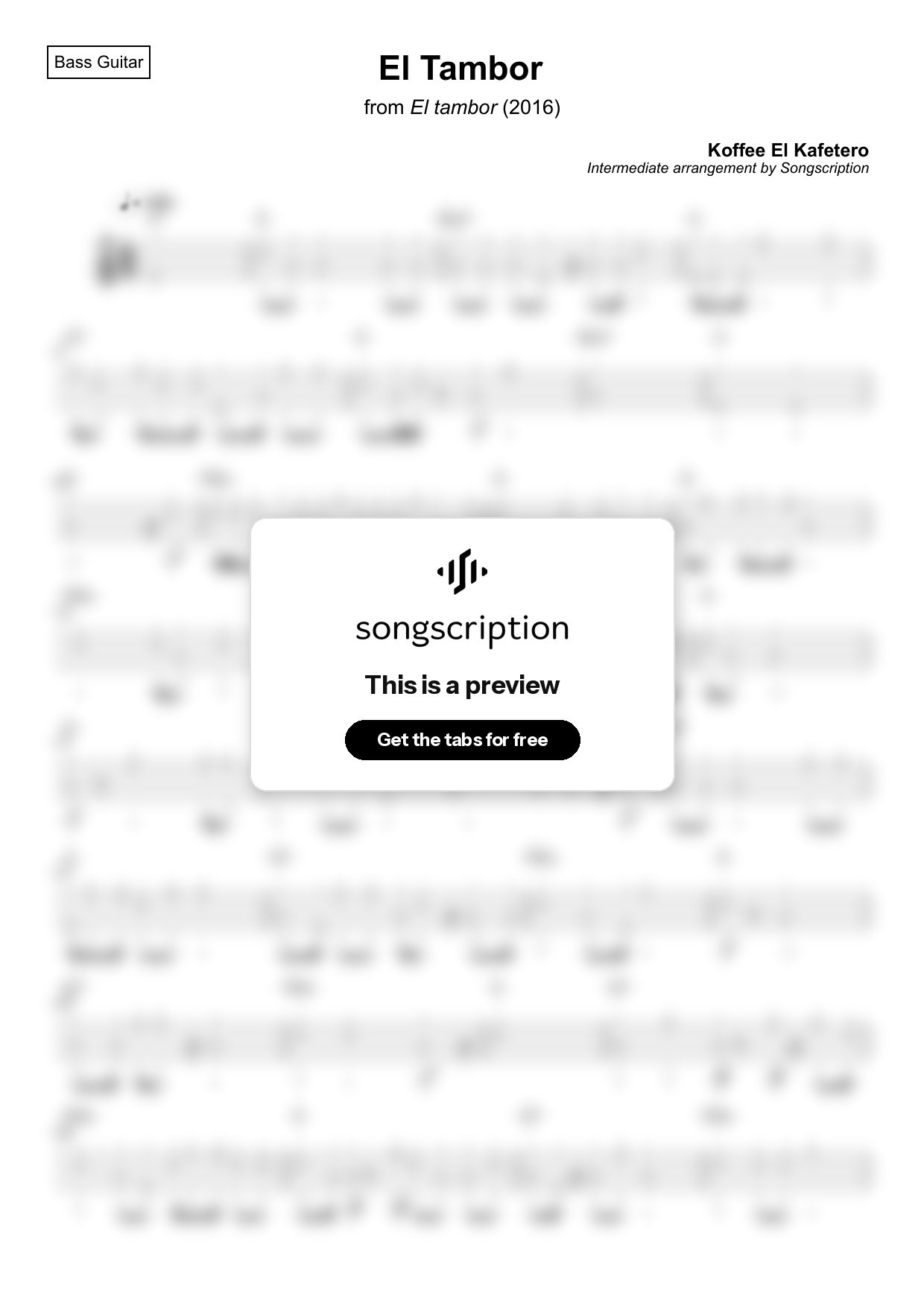 Intermediate Bass Guitar Tabs for "El Tambor" by Koffee El Kafetero