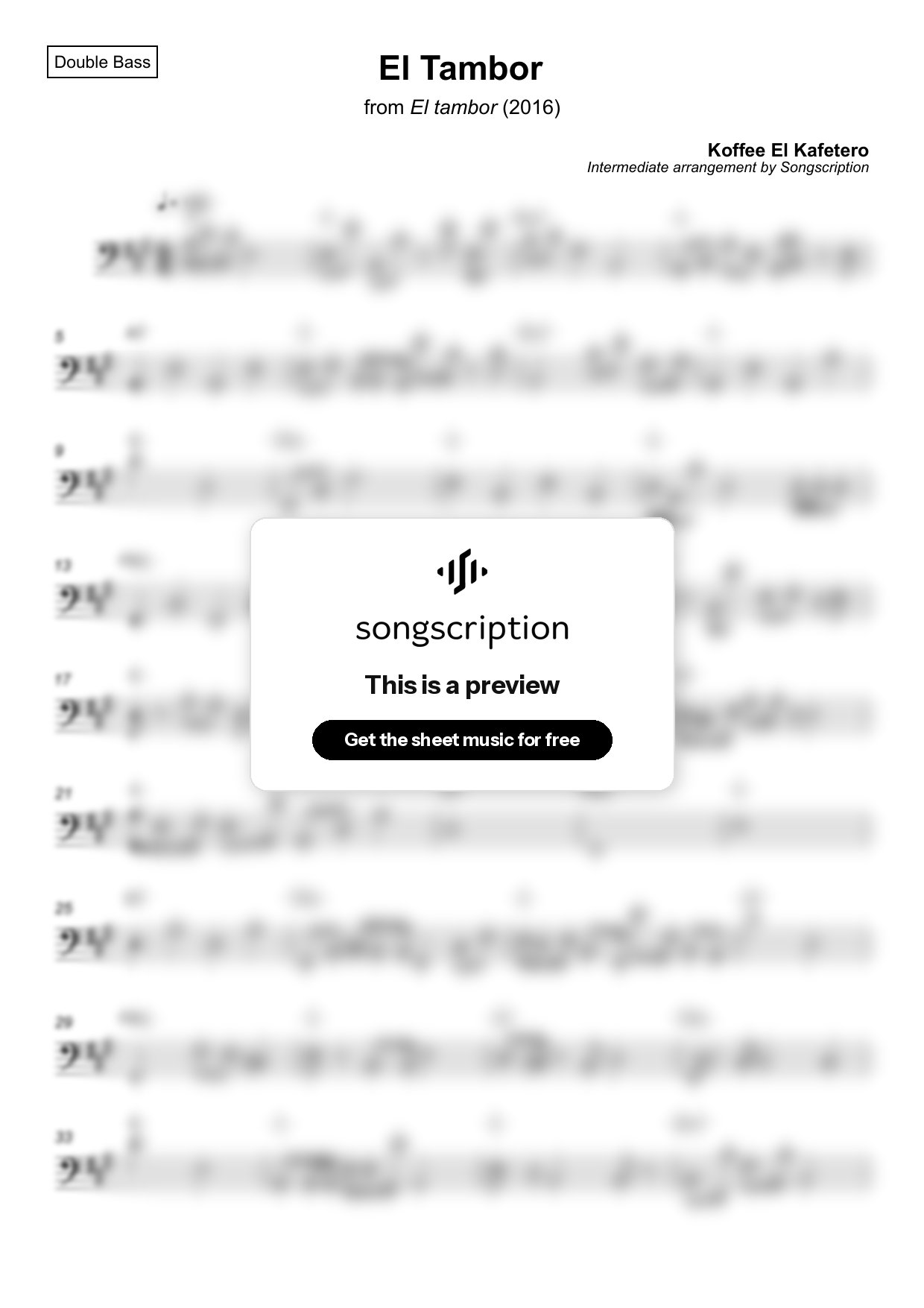 Intermediate Double Bass Sheet Music for "El Tambor" by Koffee El Kafetero