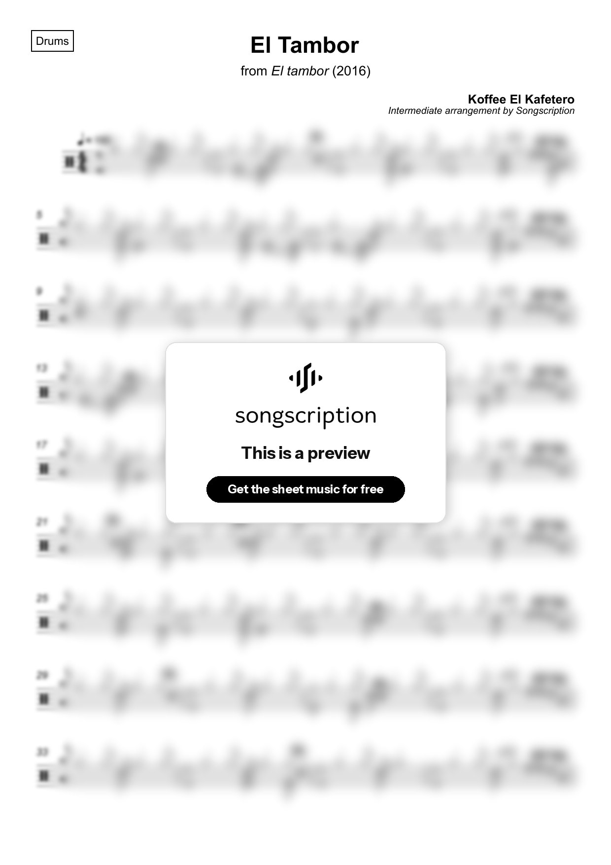Intermediate Drums Sheet Music for "El Tambor" by Koffee El Kafetero