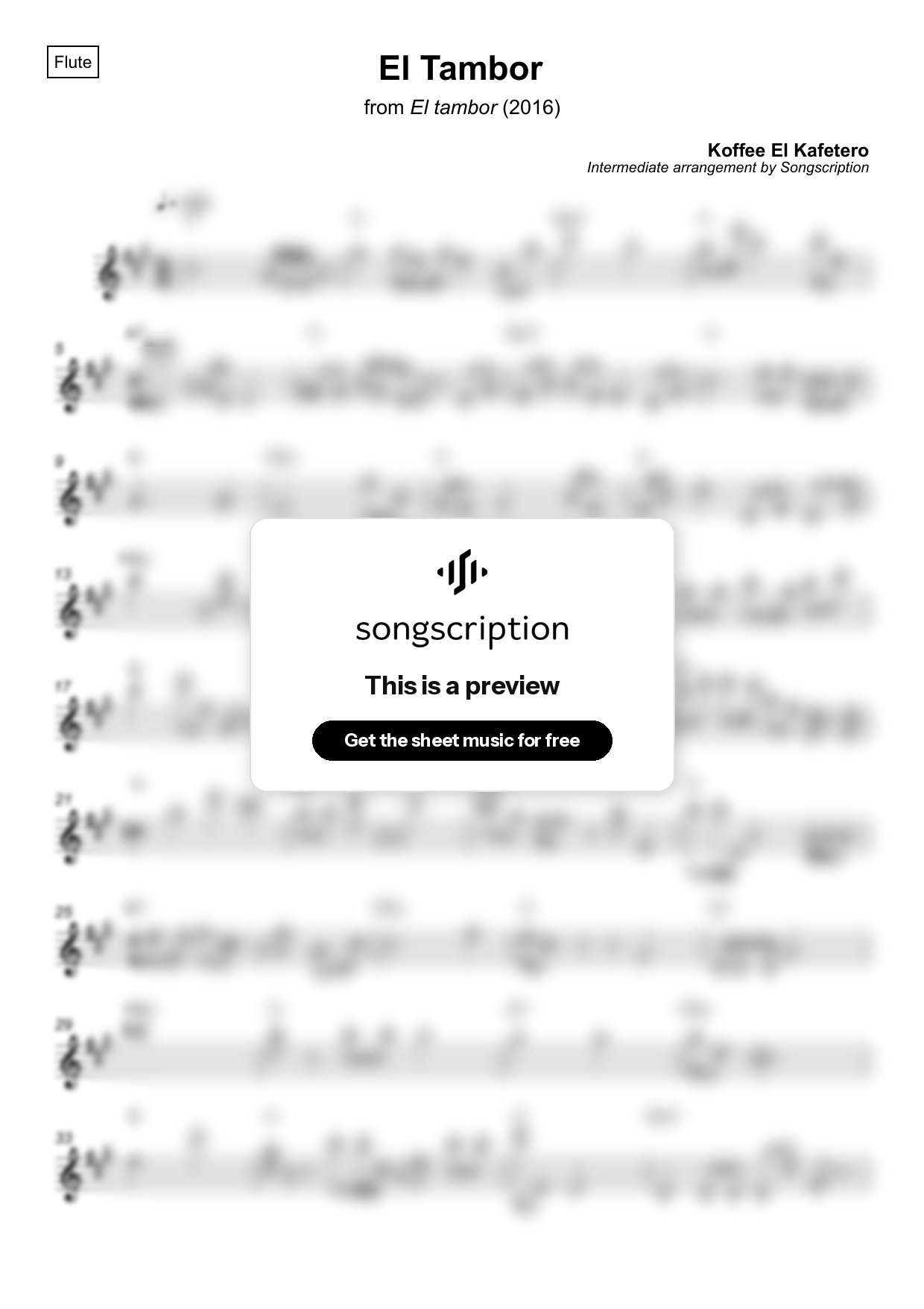 Intermediate Flute Sheet Music for "El Tambor" by Koffee El Kafetero