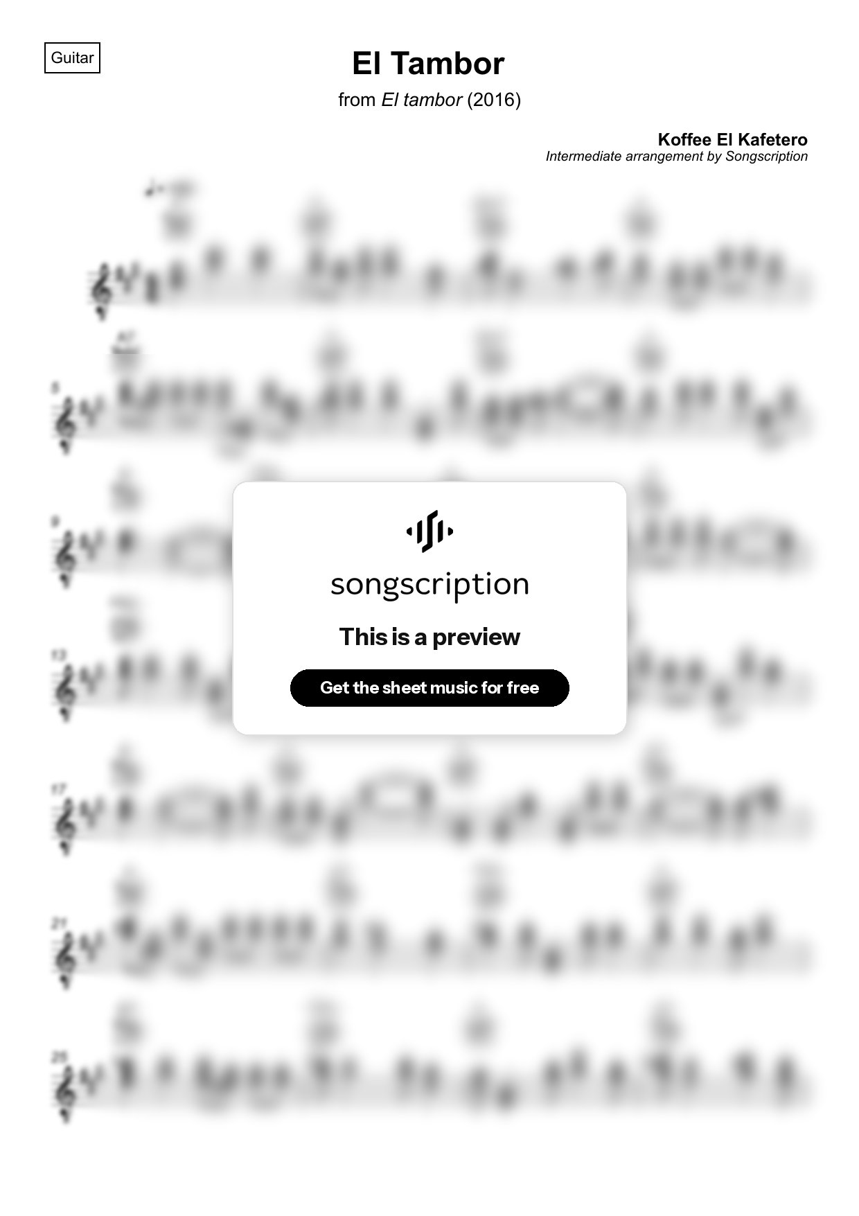 Intermediate Acoustic Guitar Sheet Music for "El Tambor" by Koffee El Kafetero