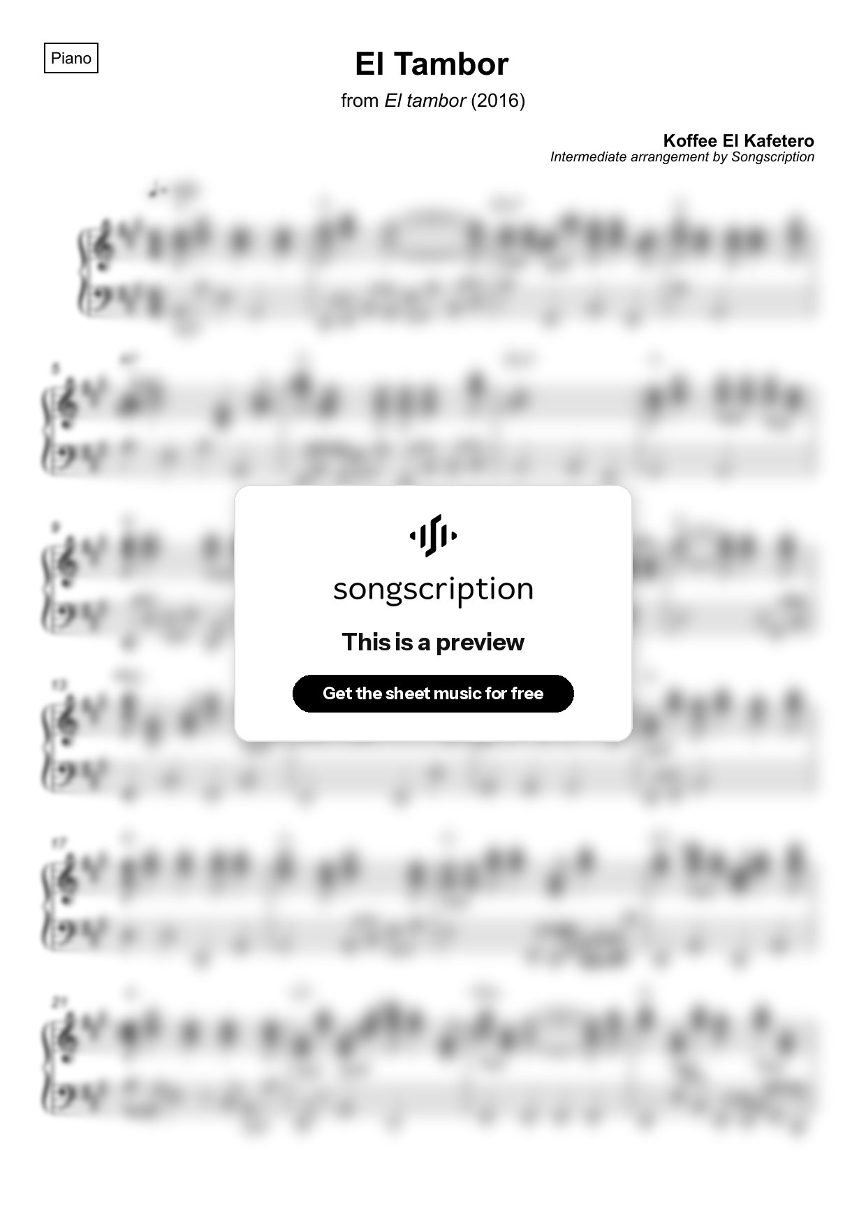 Intermediate Piano Sheet Music for "El Tambor" by Koffee El Kafetero