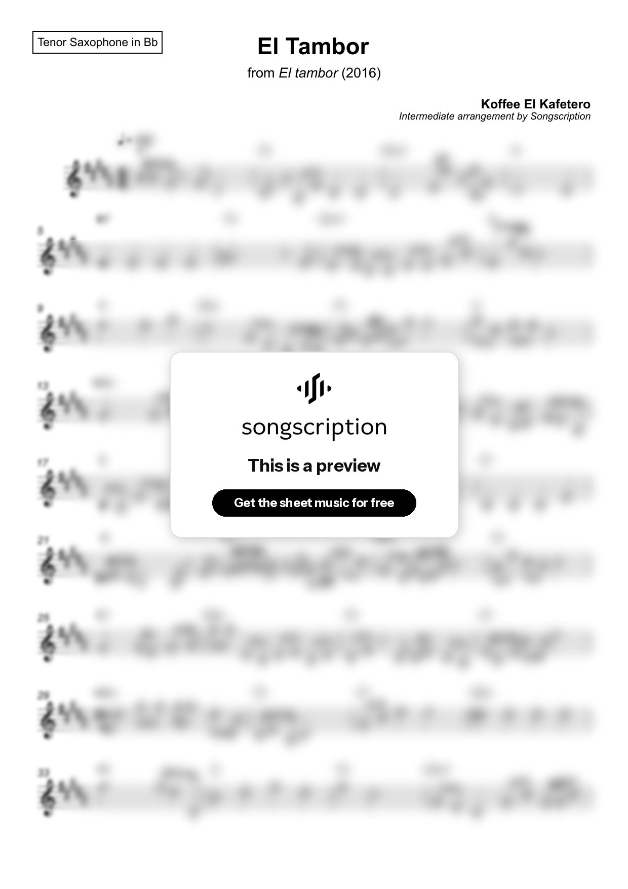 Intermediate Tenor Sax Sheet Music for "El Tambor" by Koffee El Kafetero
