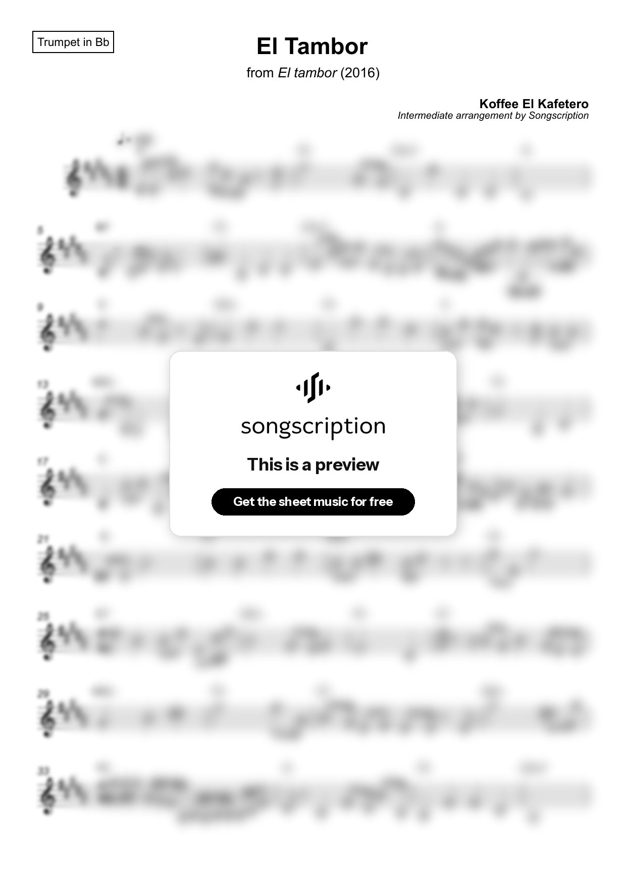 Intermediate Trumpet Sheet Music for "El Tambor" by Koffee El Kafetero