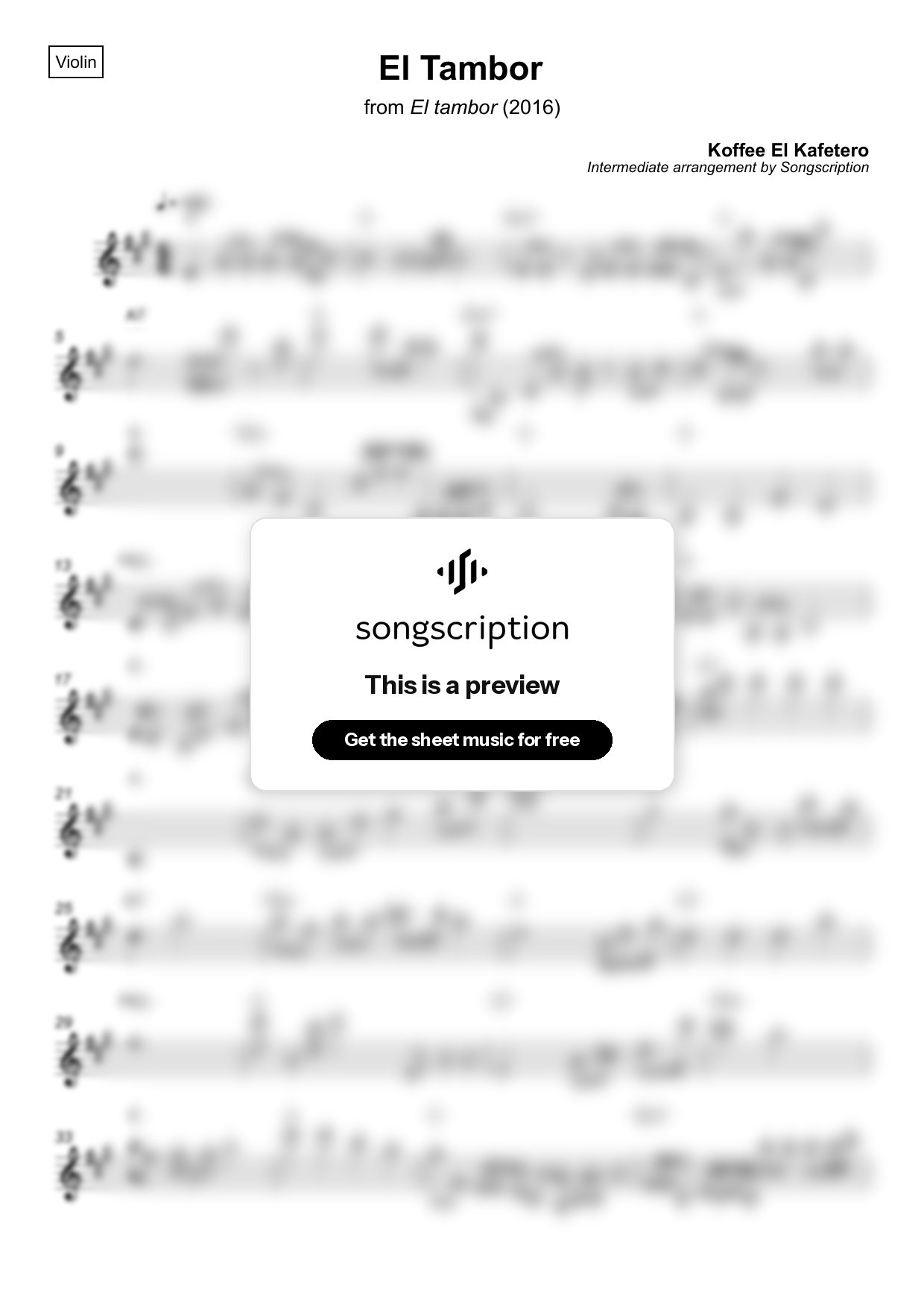 Intermediate Violin Sheet Music for "El Tambor" by Koffee El Kafetero