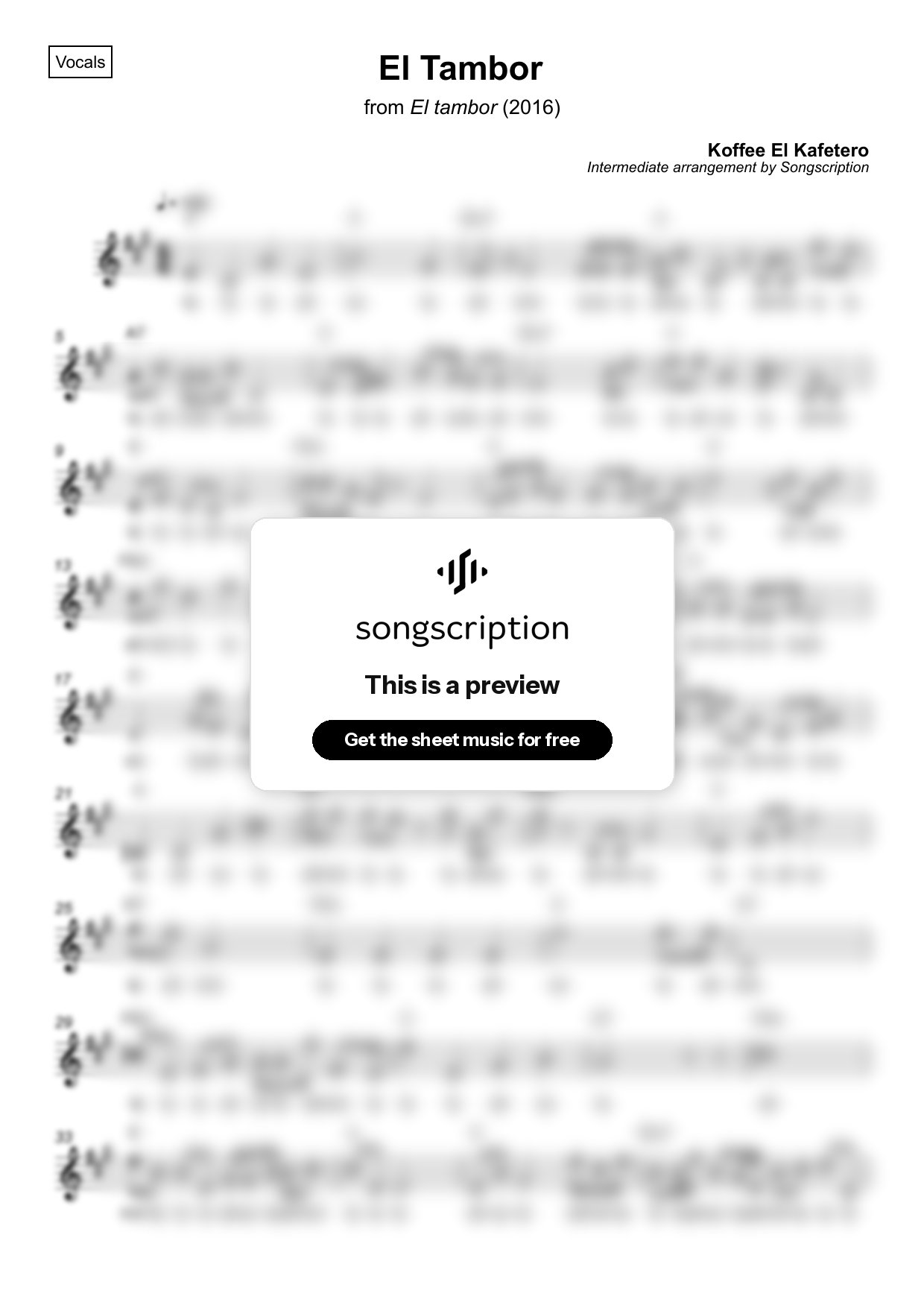 Intermediate Vocals Sheet Music for "El Tambor" by Koffee El Kafetero