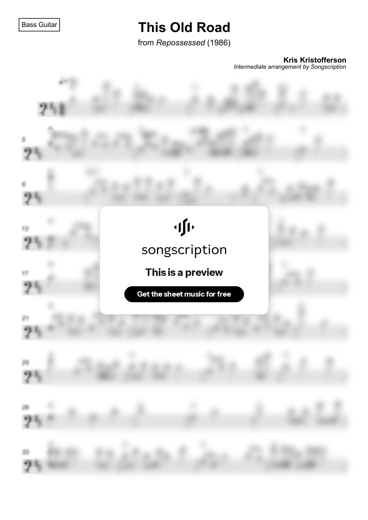 Intermediate Bass Guitar Sheet Music for "This Old Road" by Kris Kristofferson