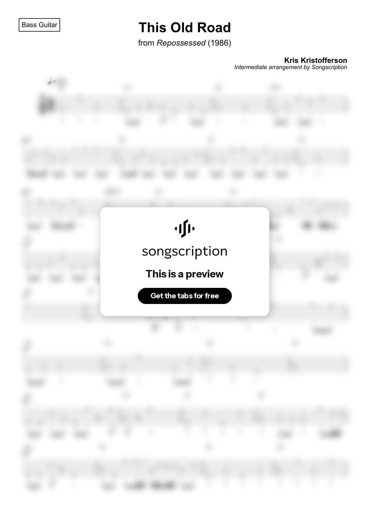 Intermediate Bass Guitar Tabs for "This Old Road" by Kris Kristofferson