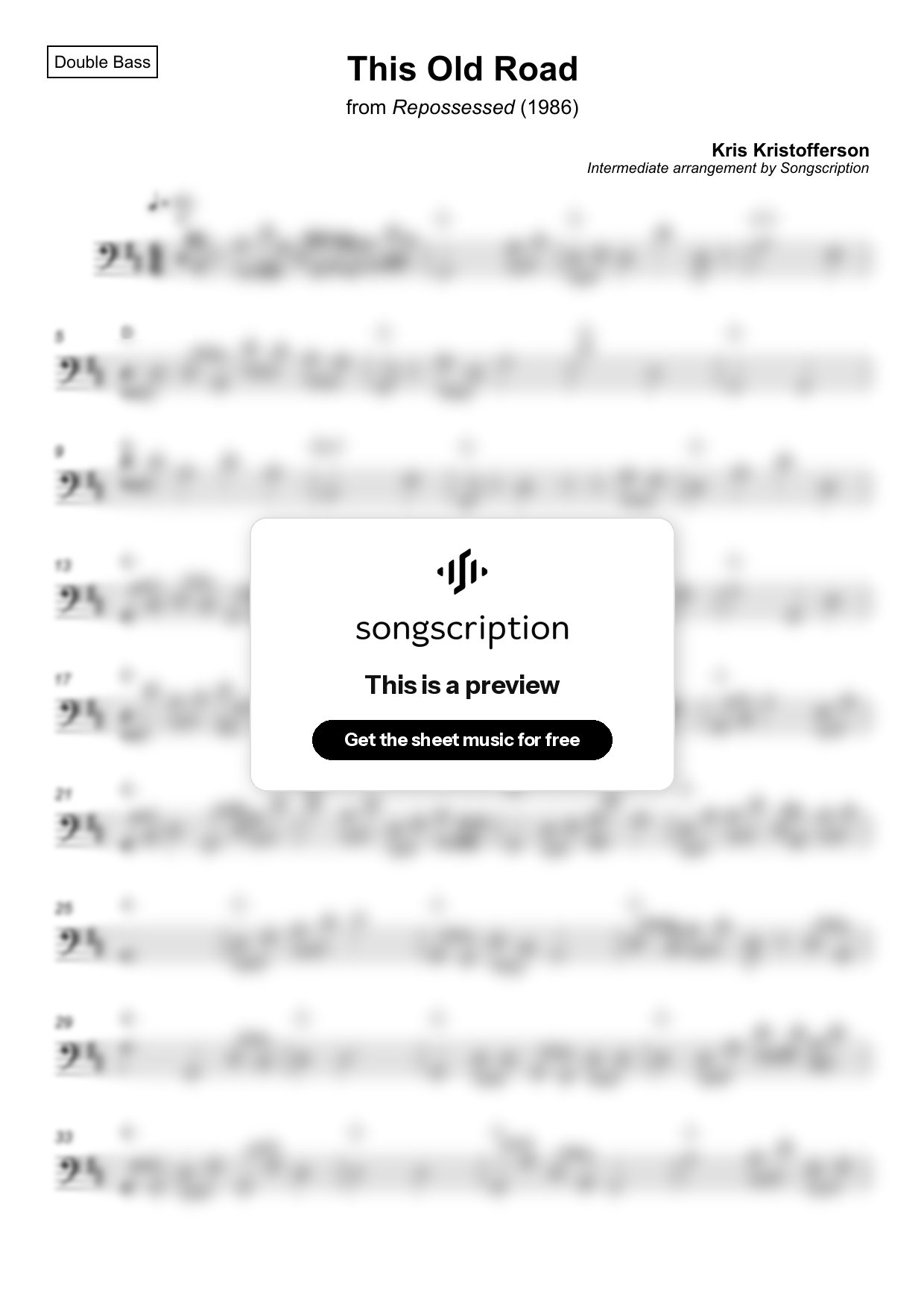 Intermediate Double Bass Sheet Music for "This Old Road" by Kris Kristofferson