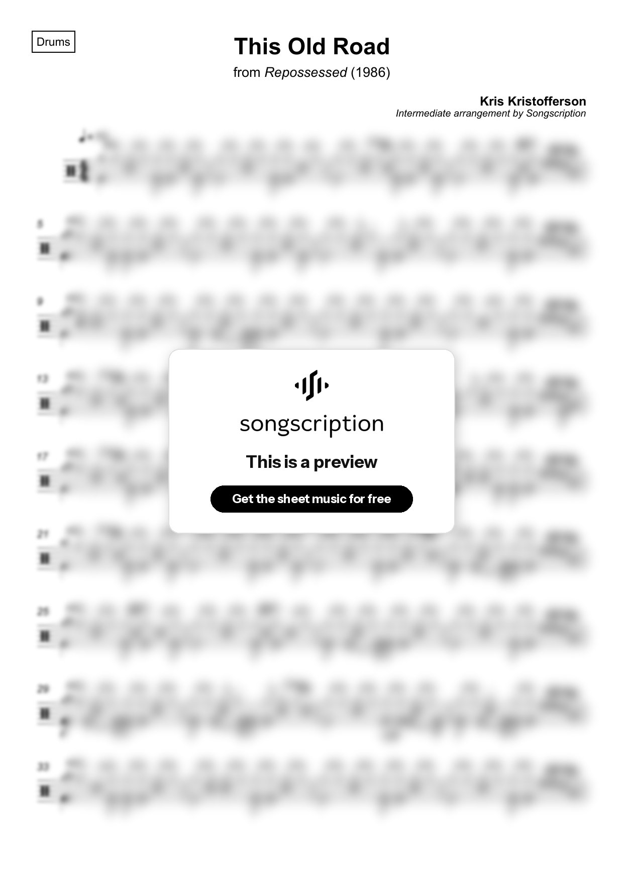 Intermediate Drums Sheet Music for "This Old Road" by Kris Kristofferson