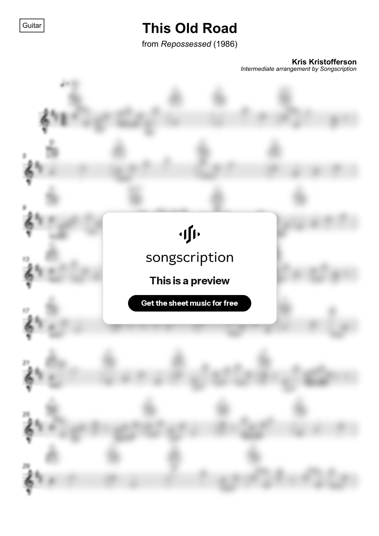 Intermediate Acoustic Guitar Sheet Music for "This Old Road" by Kris Kristofferson