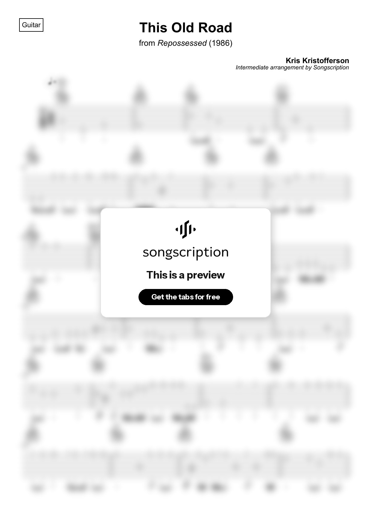 Intermediate Acoustic Guitar Tabs for "This Old Road" by Kris Kristofferson