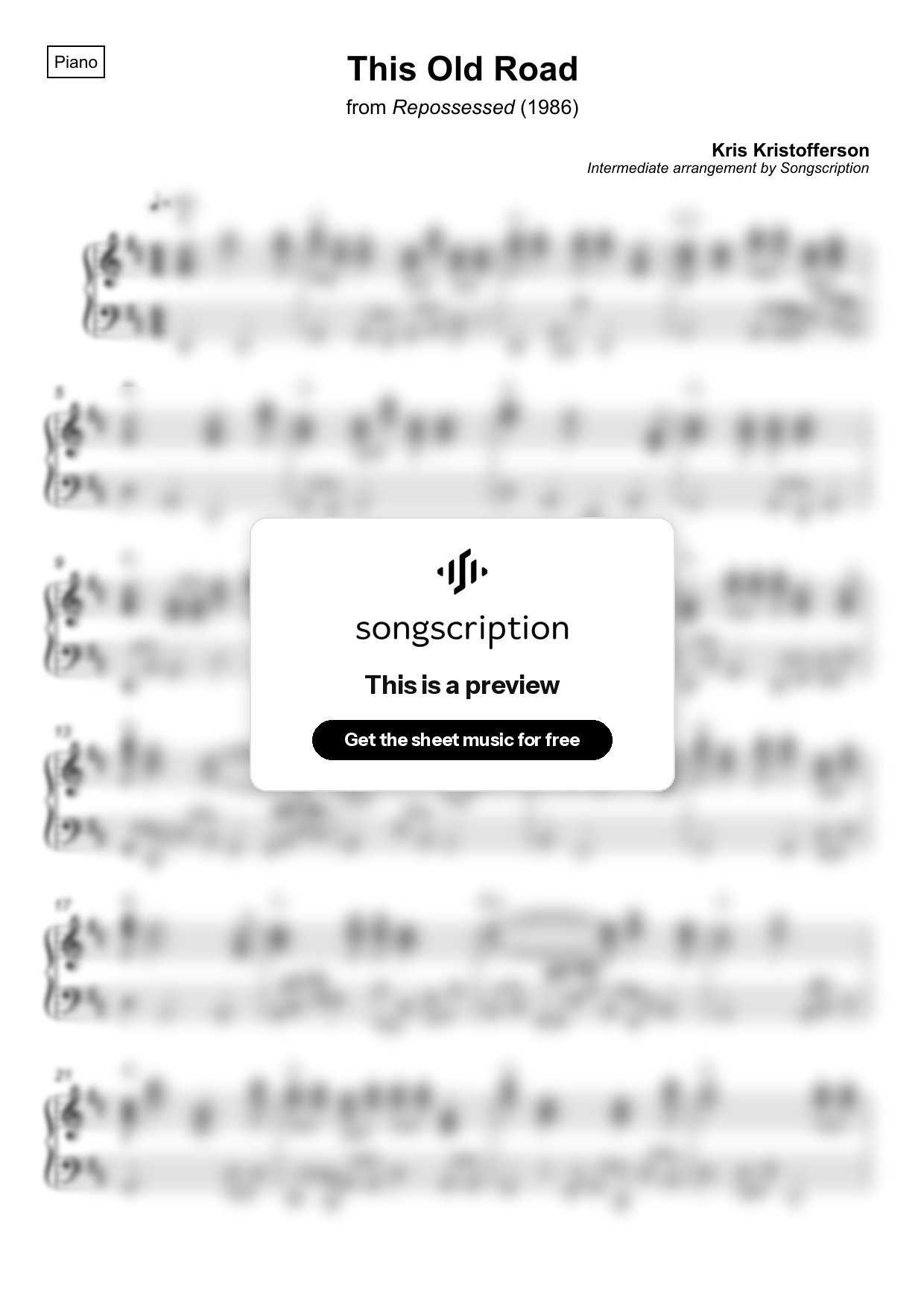 Intermediate Piano Sheet Music for "This Old Road" by Kris Kristofferson