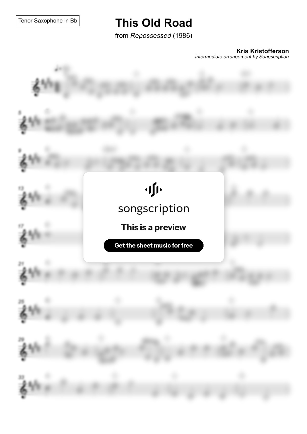 Intermediate Tenor Sax Sheet Music for "This Old Road" by Kris Kristofferson