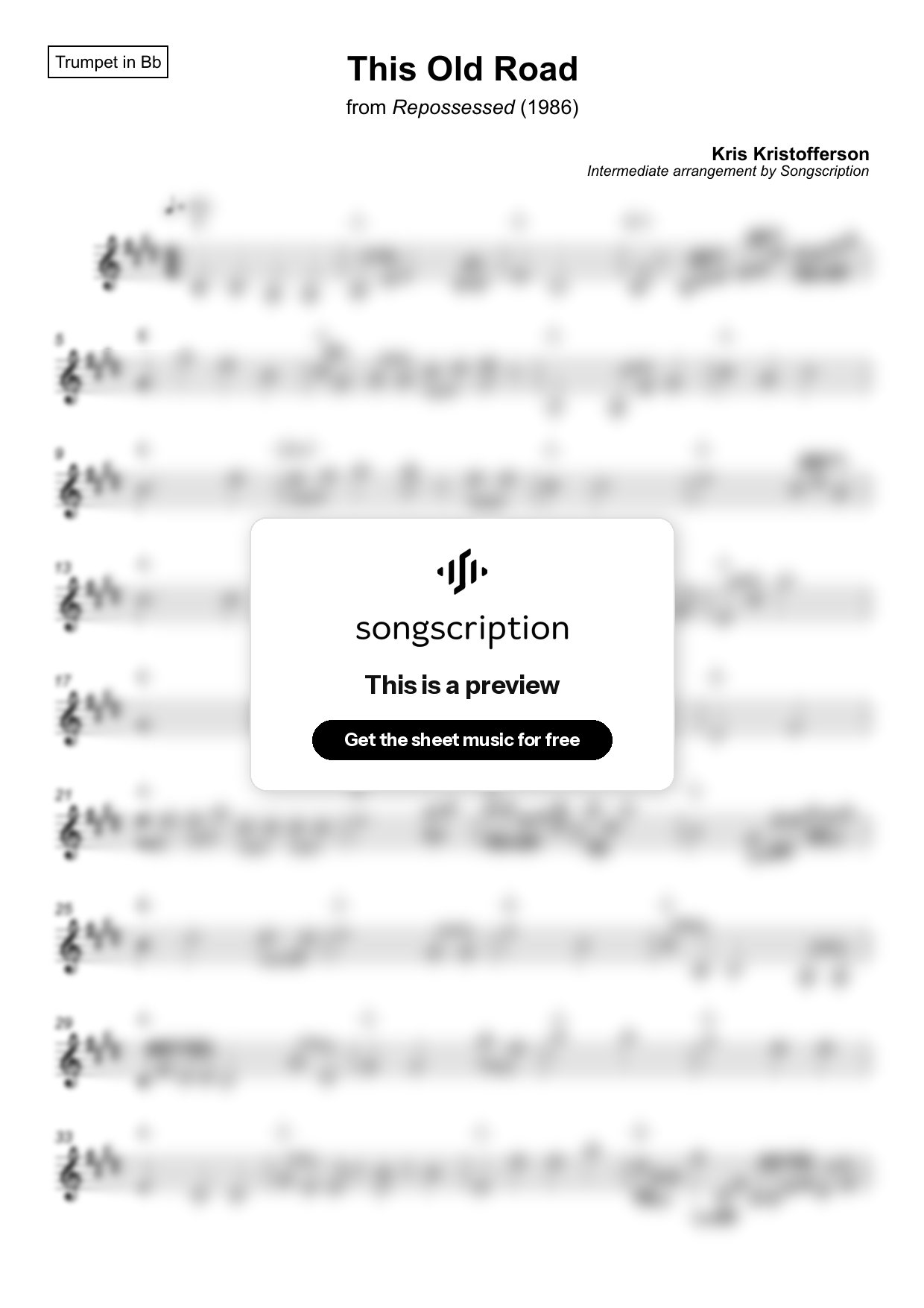 Intermediate Trumpet Sheet Music for "This Old Road" by Kris Kristofferson