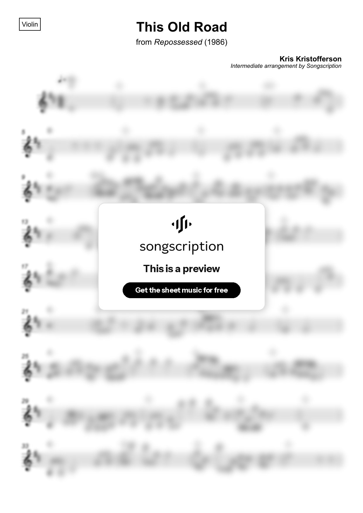Intermediate Violin Sheet Music for "This Old Road" by Kris Kristofferson