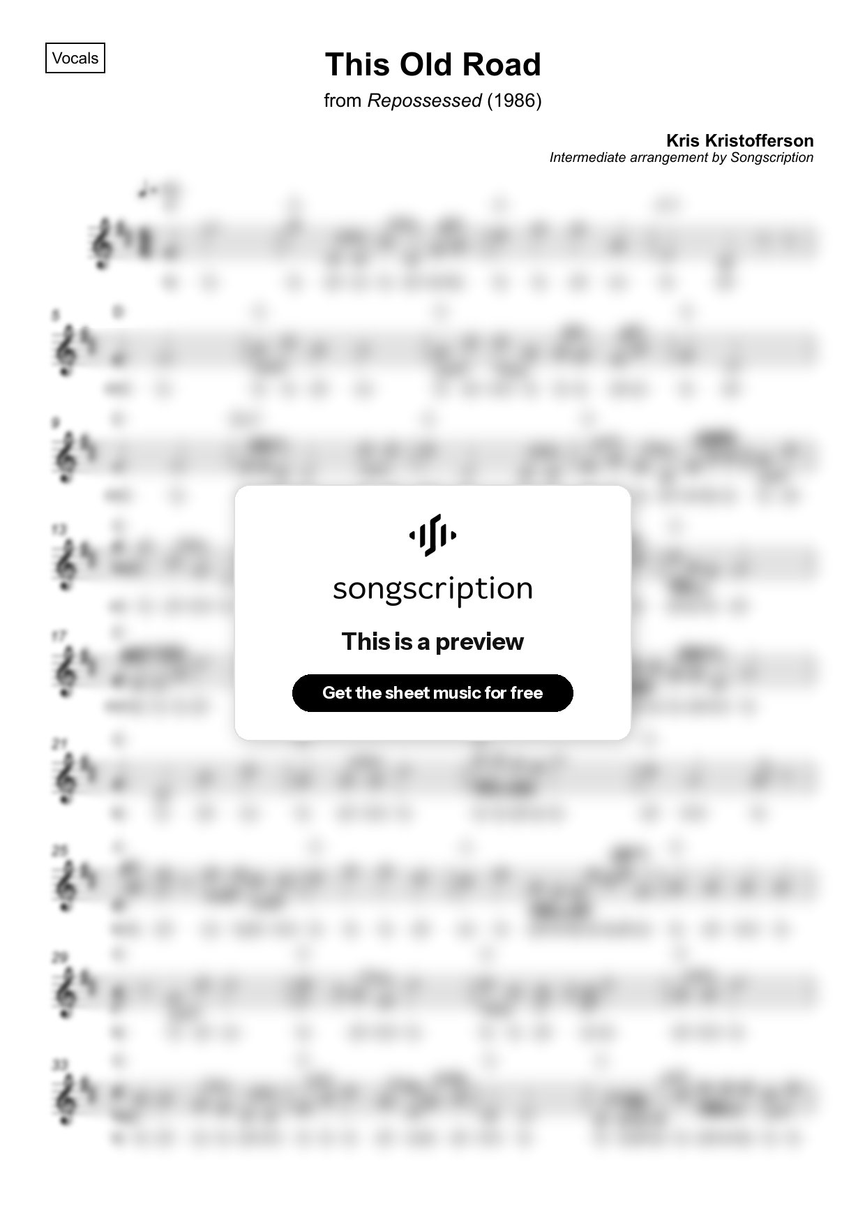 Intermediate Vocals Sheet Music for "This Old Road" by Kris Kristofferson
