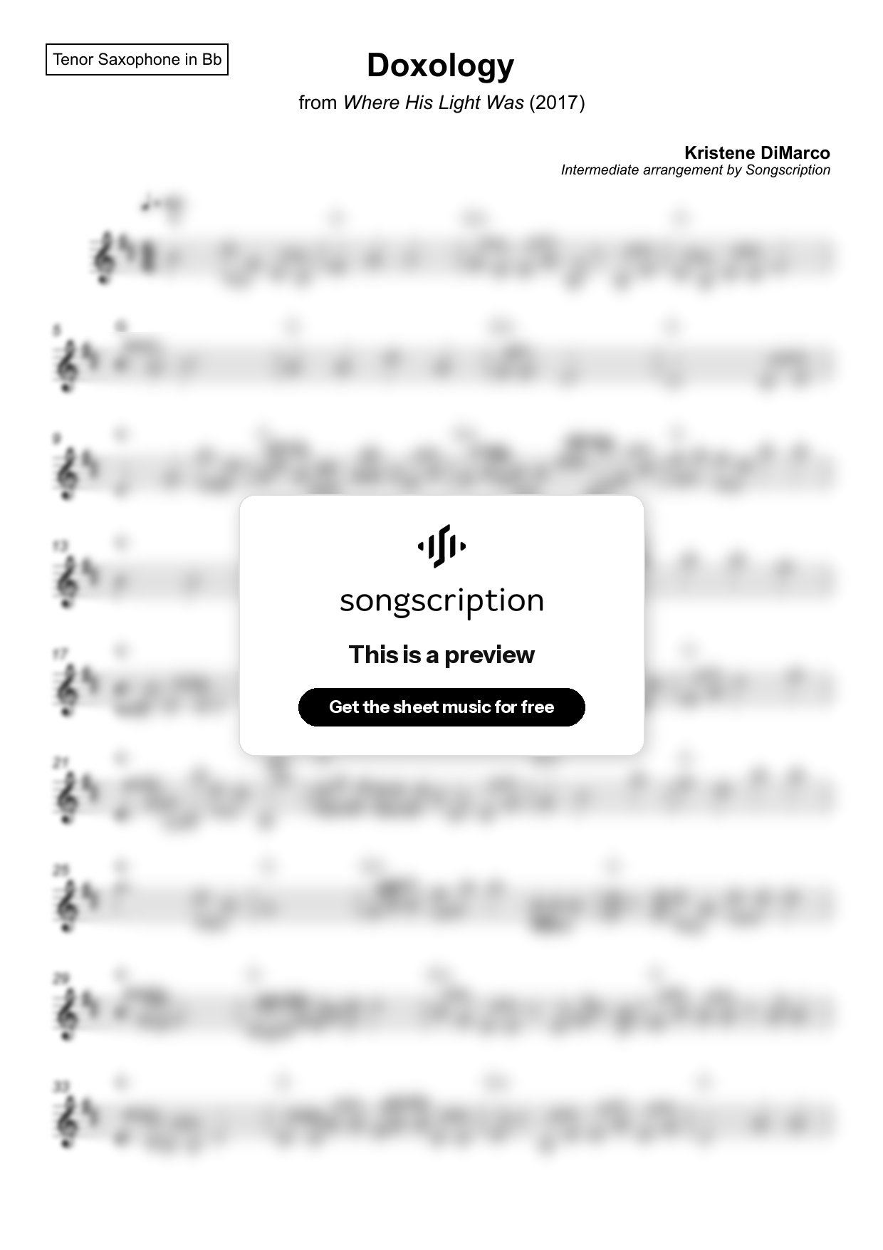 Intermediate Tenor Sax Sheet Music for "Doxology" by Kristene DiMarco