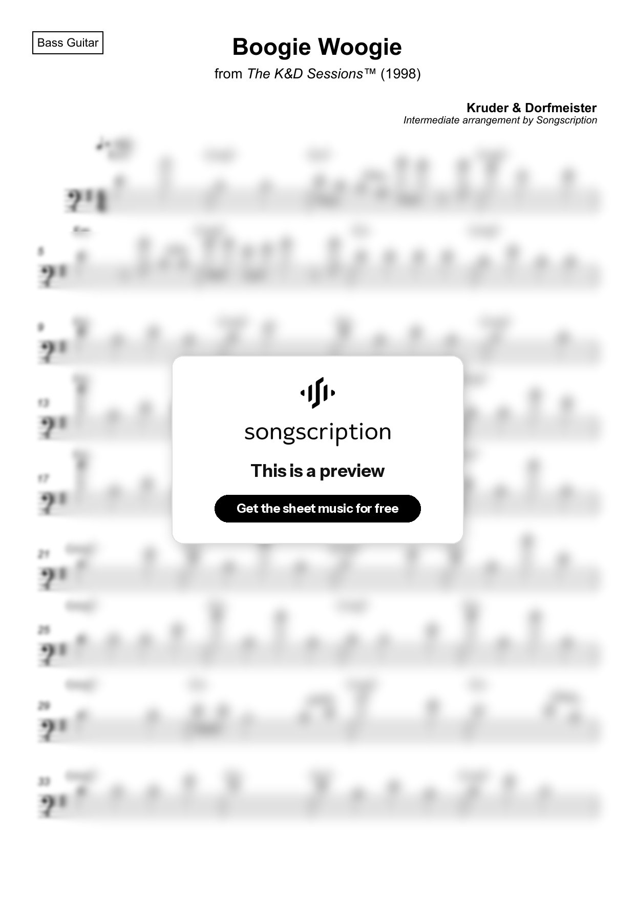 Intermediate Bass Guitar Sheet Music for "Boogie Woogie" by Kruder & Dorfmeister