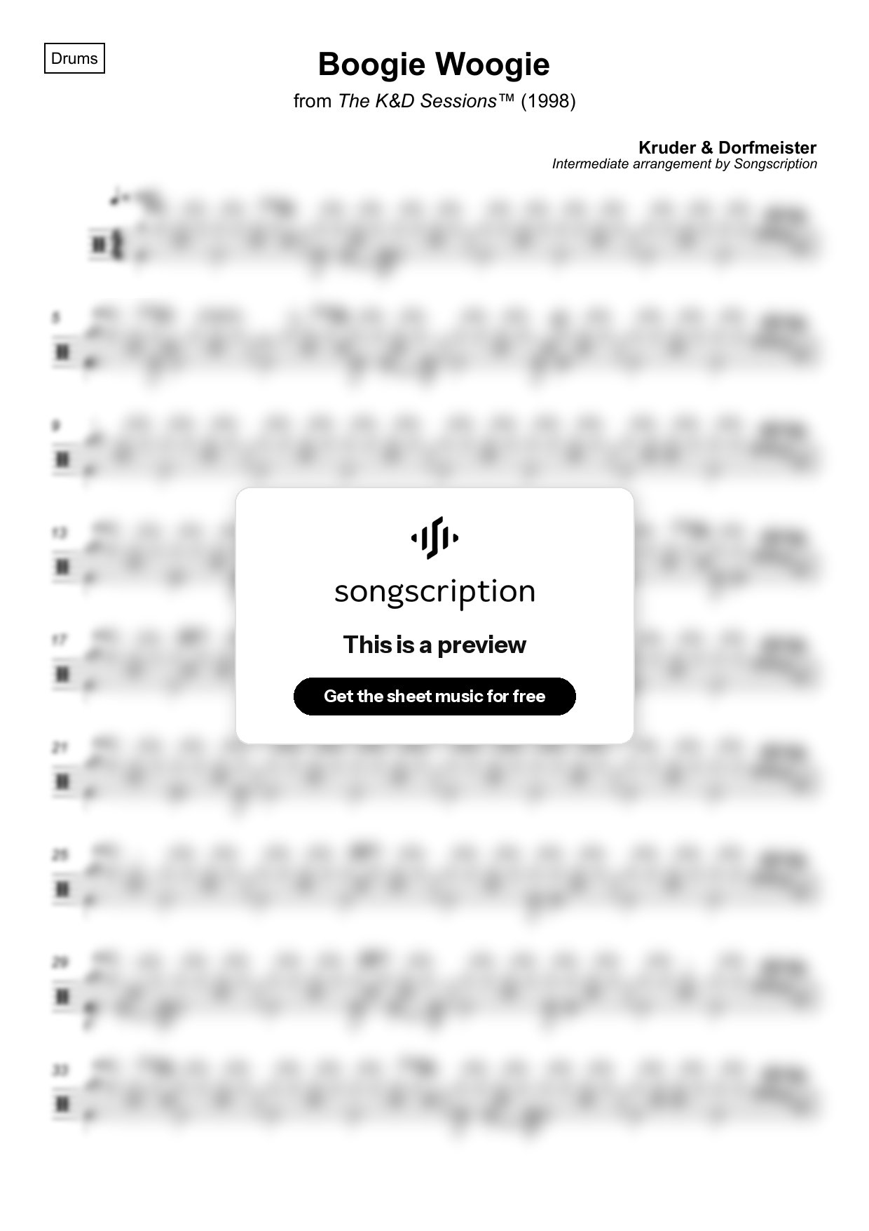 Intermediate Drums Sheet Music for "Boogie Woogie" by Kruder & Dorfmeister