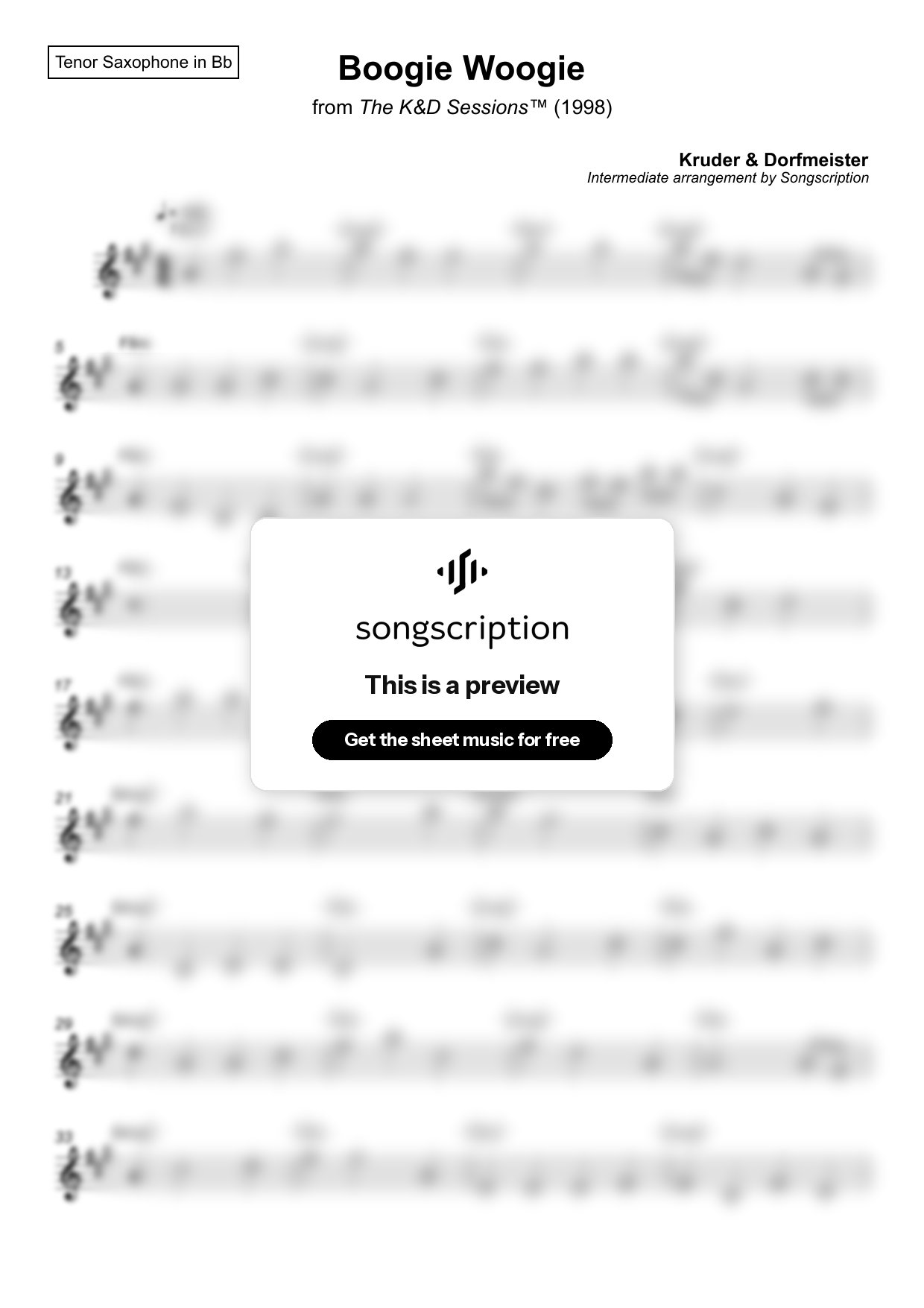 Intermediate Tenor Sax Sheet Music for "Boogie Woogie" by Kruder & Dorfmeister