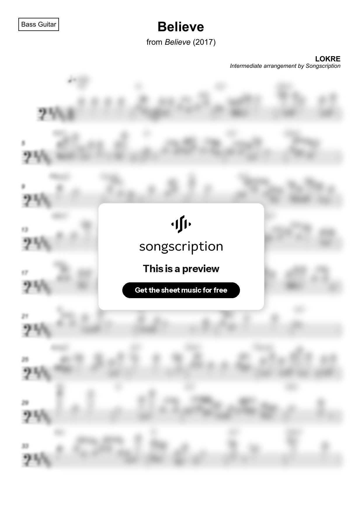 Intermediate Bass Guitar Sheet Music for "Believe" by LOKRE