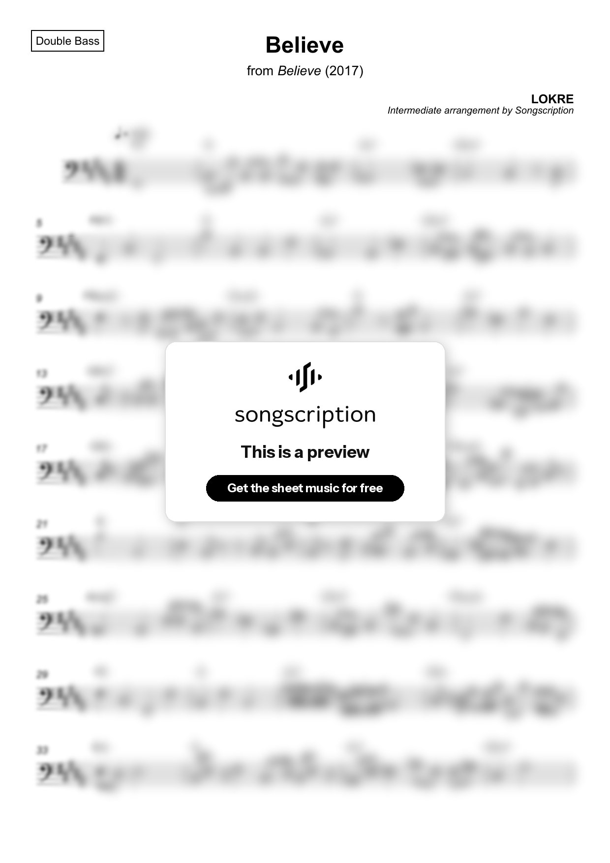 Intermediate Double Bass Sheet Music for "Believe" by LOKRE