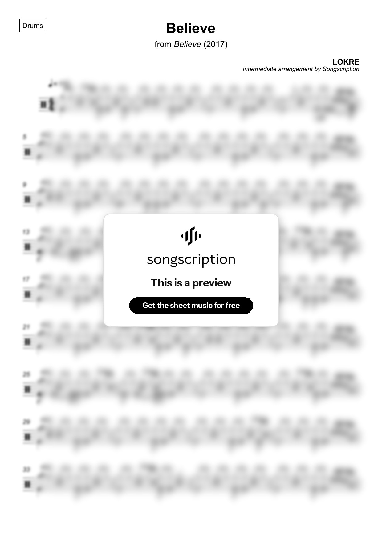 Intermediate Drums Sheet Music for "Believe" by LOKRE