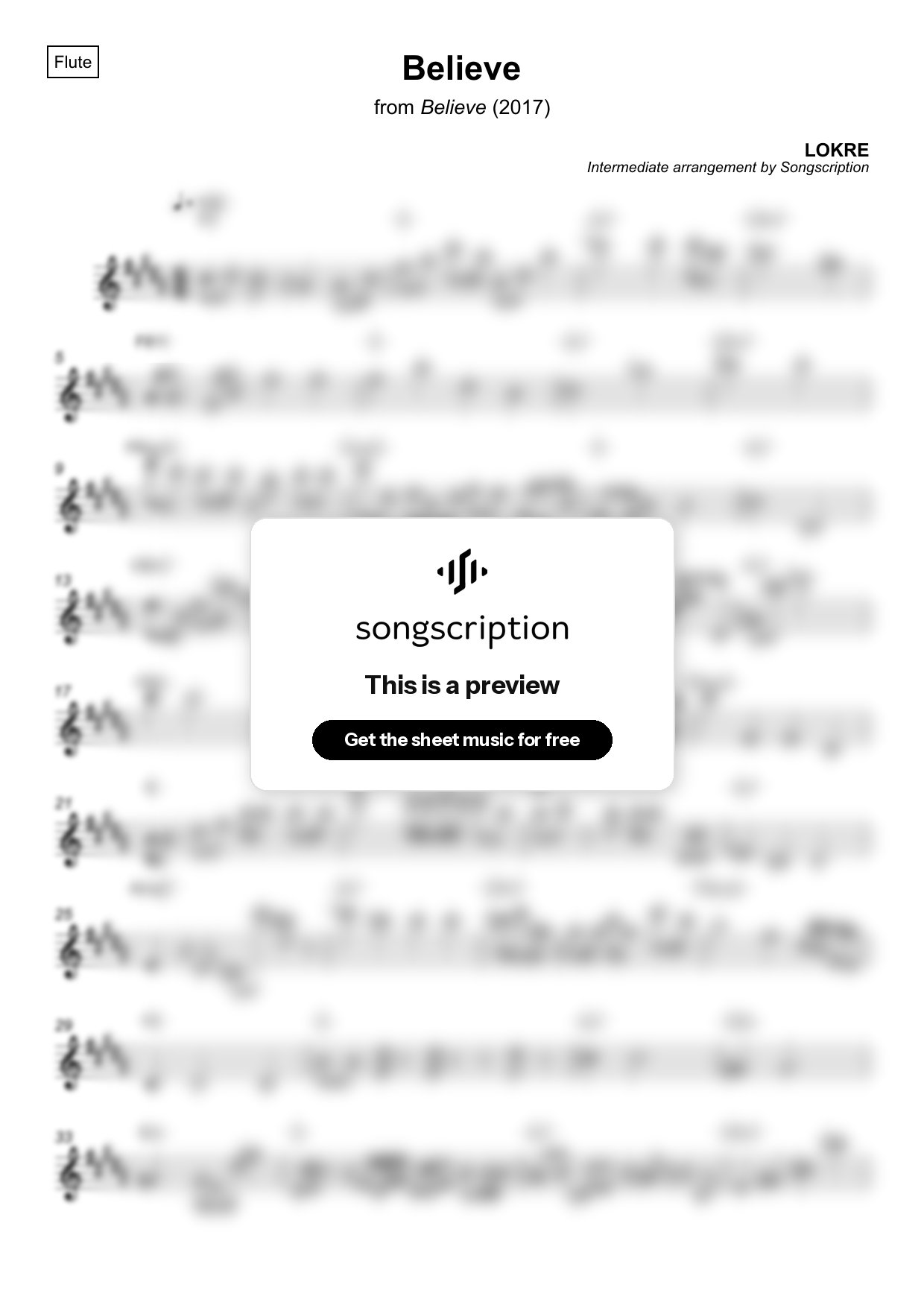 Intermediate Flute Sheet Music for "Believe" by LOKRE