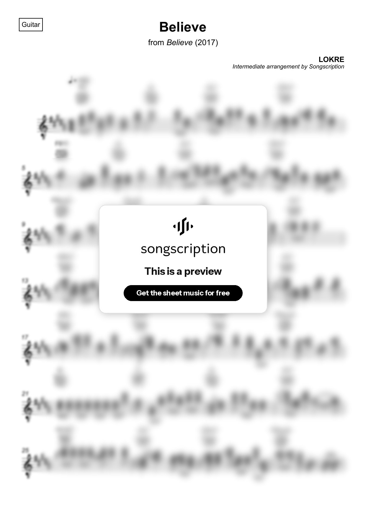 Intermediate Acoustic Guitar Sheet Music for "Believe" by LOKRE