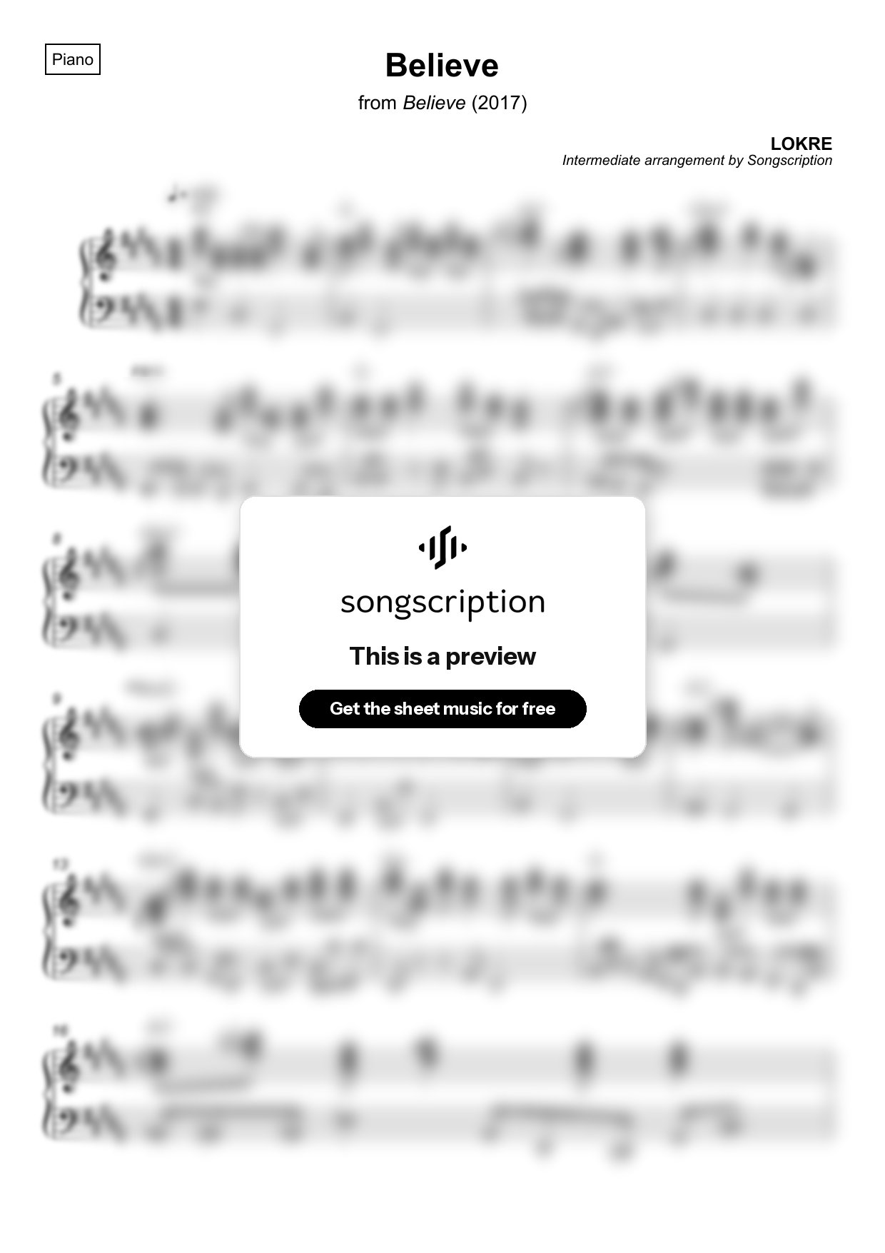 Intermediate Piano Sheet Music for "Believe" by LOKRE