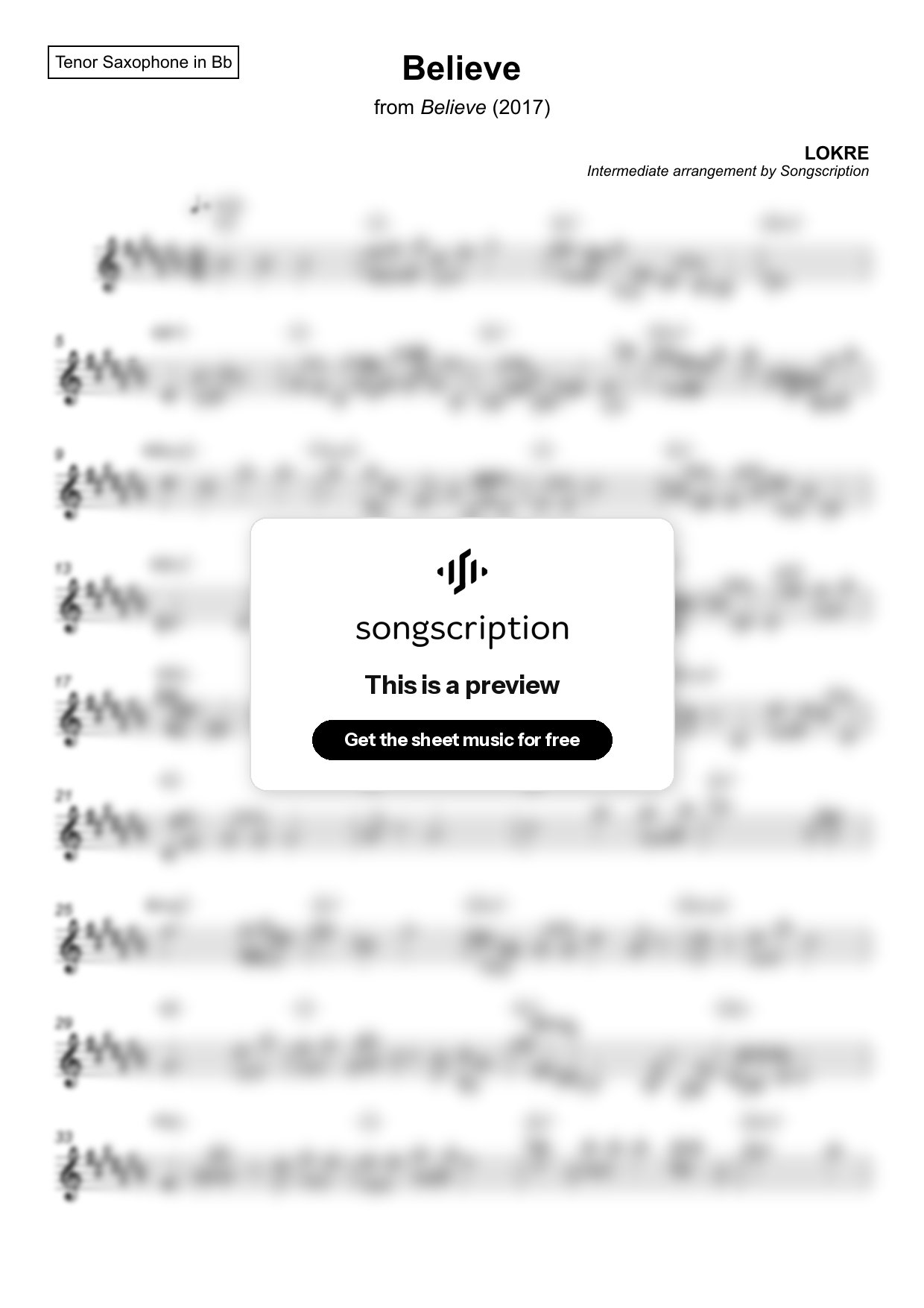 Intermediate Tenor Sax Sheet Music for "Believe" by LOKRE