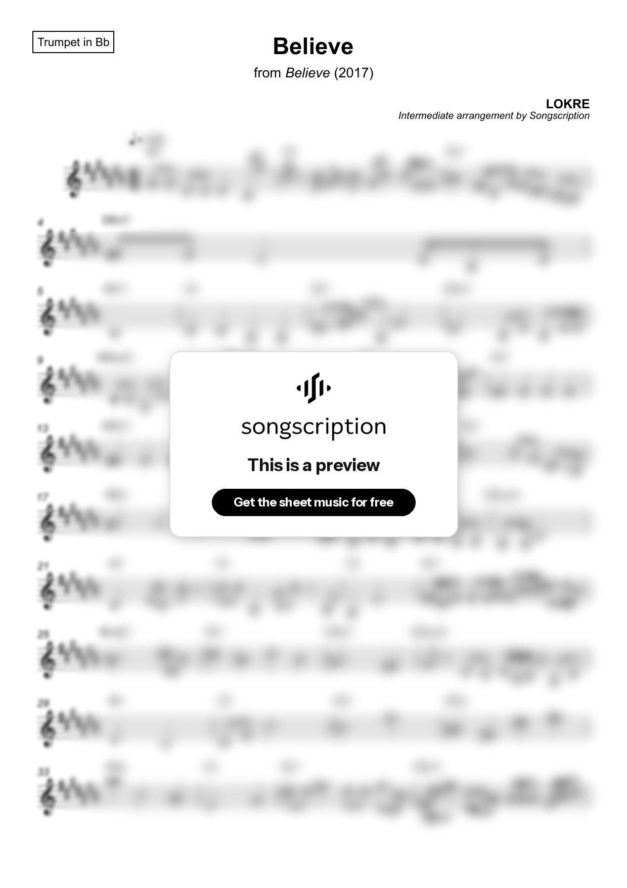 Intermediate Trumpet Sheet Music for "Believe" by LOKRE