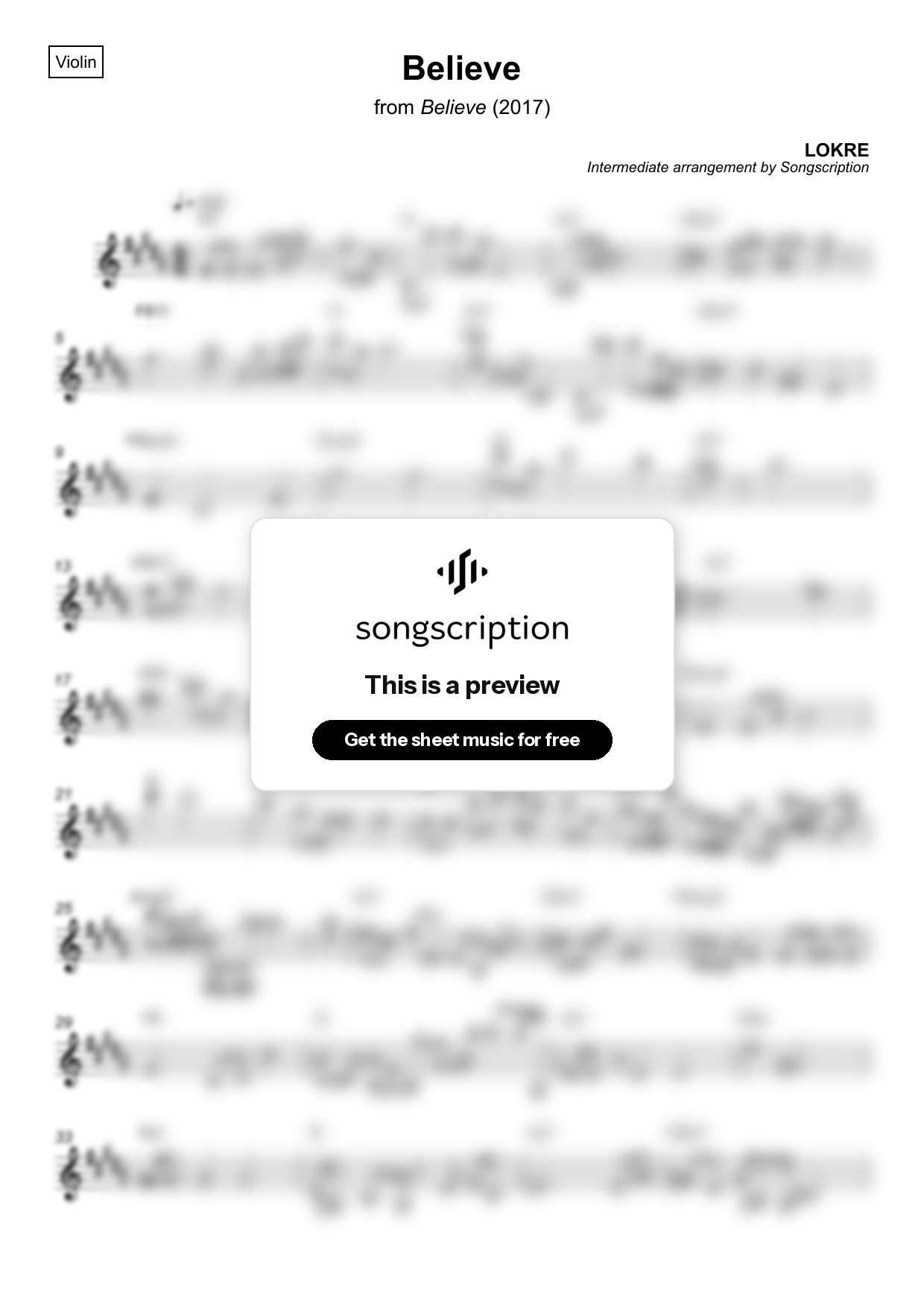 Intermediate Violin Sheet Music for "Believe" by LOKRE
