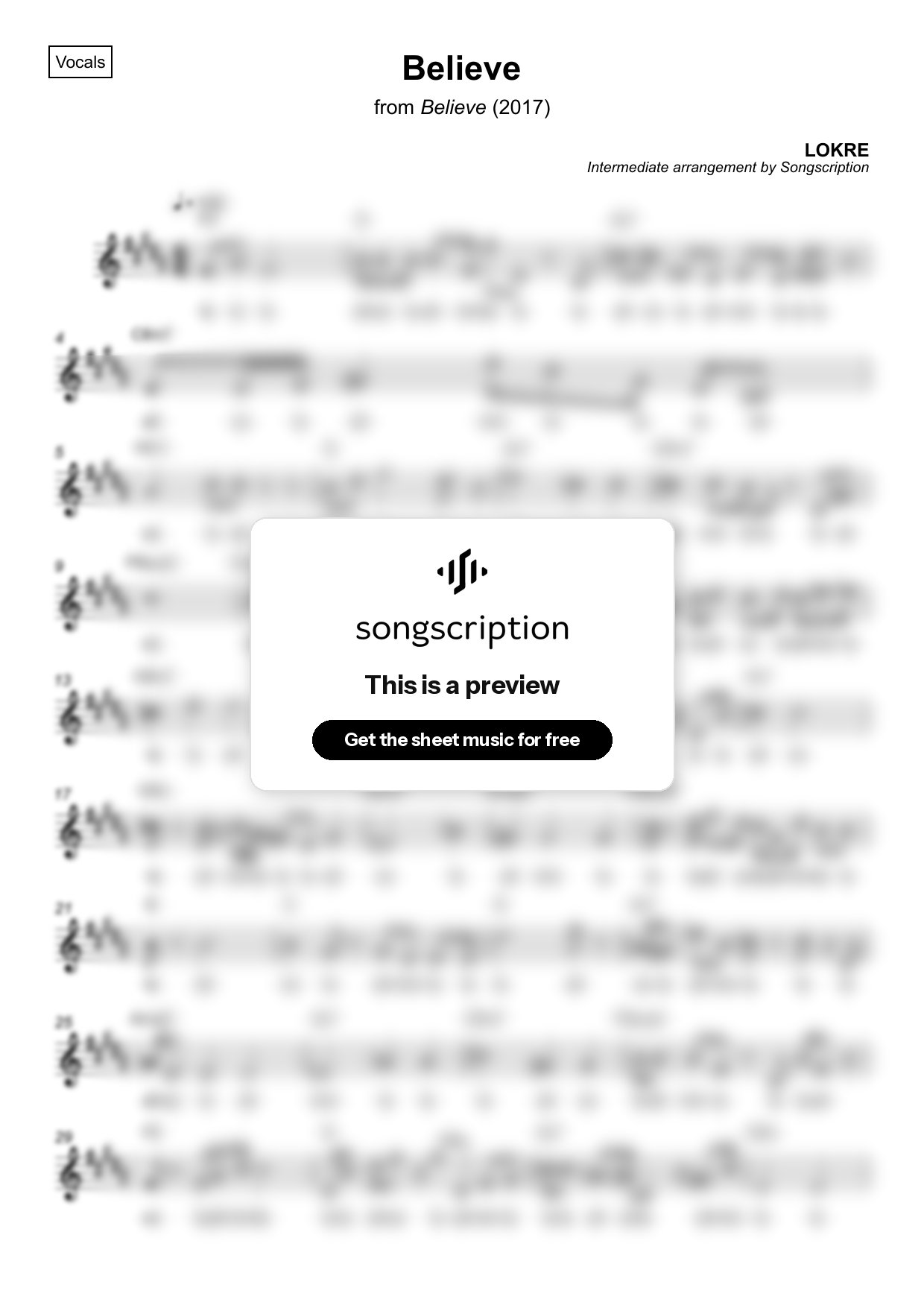 Intermediate Vocals Sheet Music for "Believe" by LOKRE